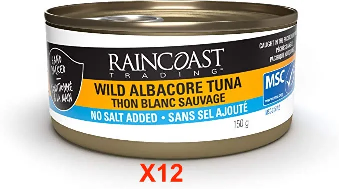 New Raincoast Trading White Albacore Tuna No Salt Added Wild Caught Certified Sustainable Mercury Safe Pacific Northwest Made In Canada Hand Packed High Protein Omega 3 Keto Friendly - Case of 12 150g Cans Retails $72 