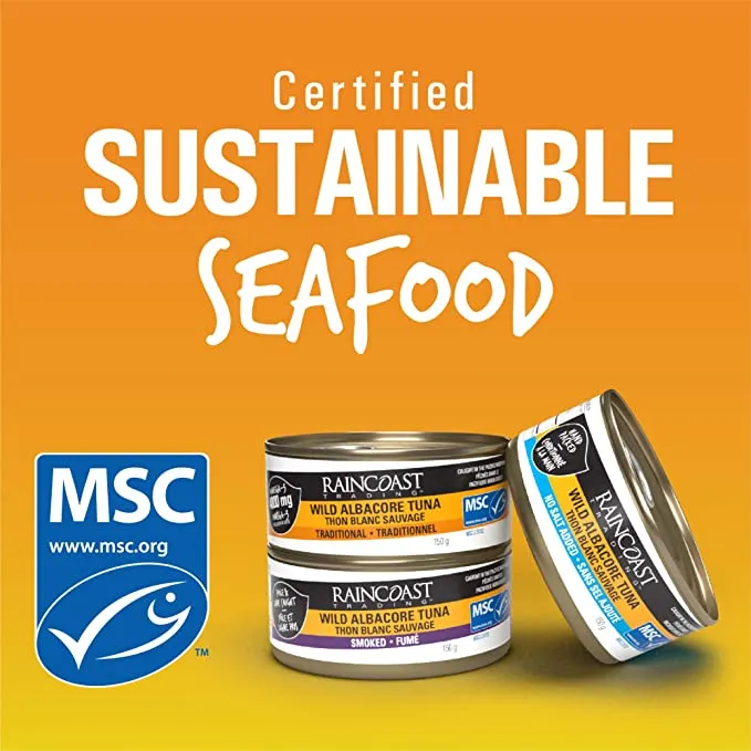 New Raincoast Trading White Albacore Tuna No Salt Added Wild Caught Certified Sustainable Mercury Safe Pacific Northwest Made In Canada Hand Packed High Protein Omega 3 Keto Friendly - Case of 12 150g Cans Retails $72 