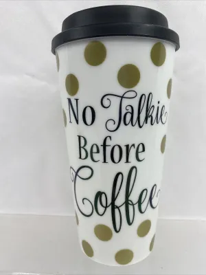no talkie before coffee togo travel tumbler black gold cup mug polka dot