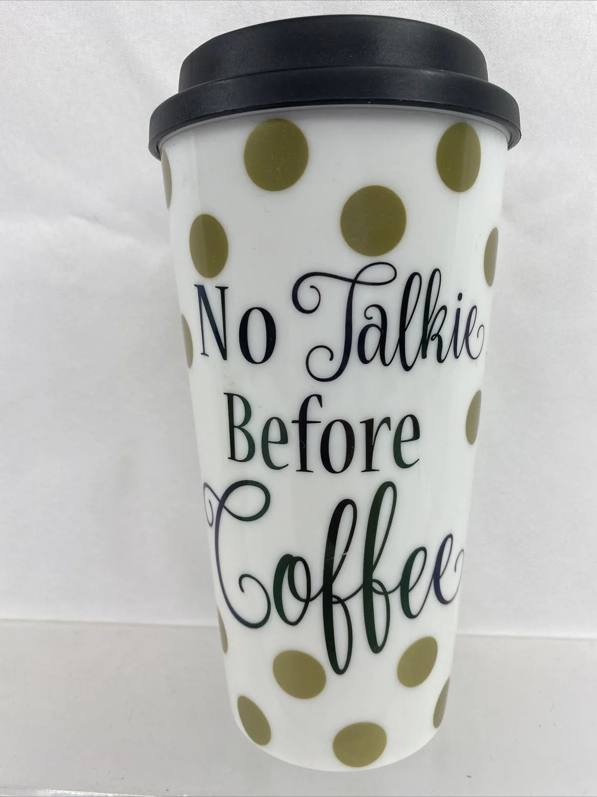 no talkie before coffee togo travel tumbler black gold cup mug polka dot