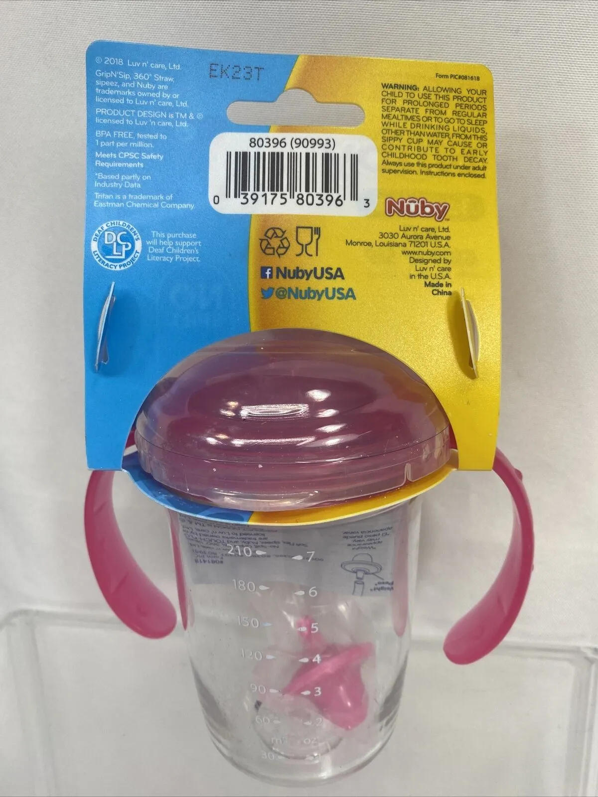 Nuby Pink No Spill 360 Weighted Straw Grip N' Sip Tritan Cup Hygienic Cover 8oz