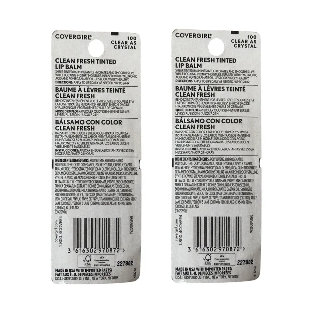 Pack of 2 CoverGirl Clean Fresh Tinted Lip Balm, Clear As Crystal 100