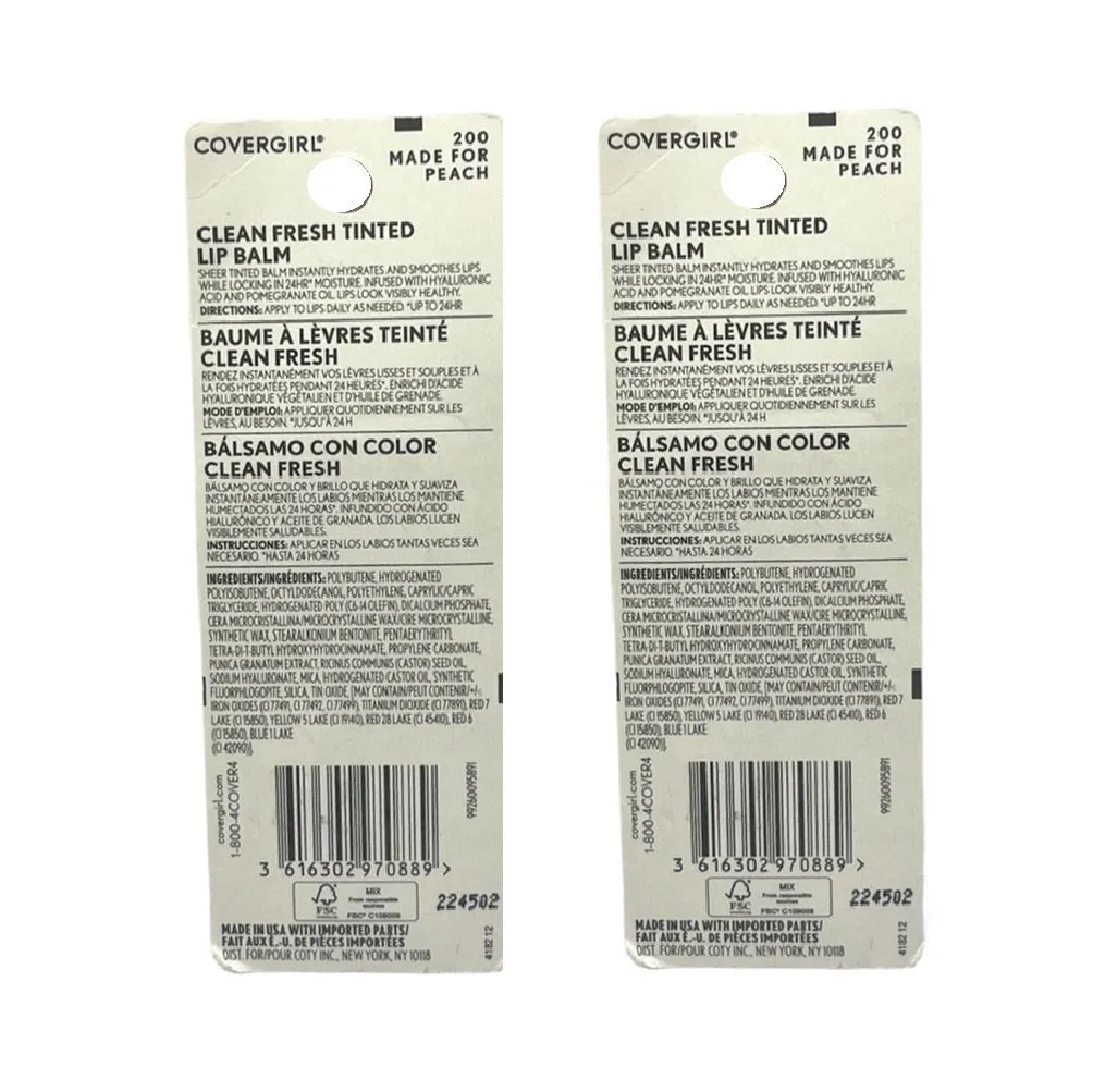 Pack of 2 CoverGirl Clean Fresh Tinted Lip Balm, Made for Peach 200
