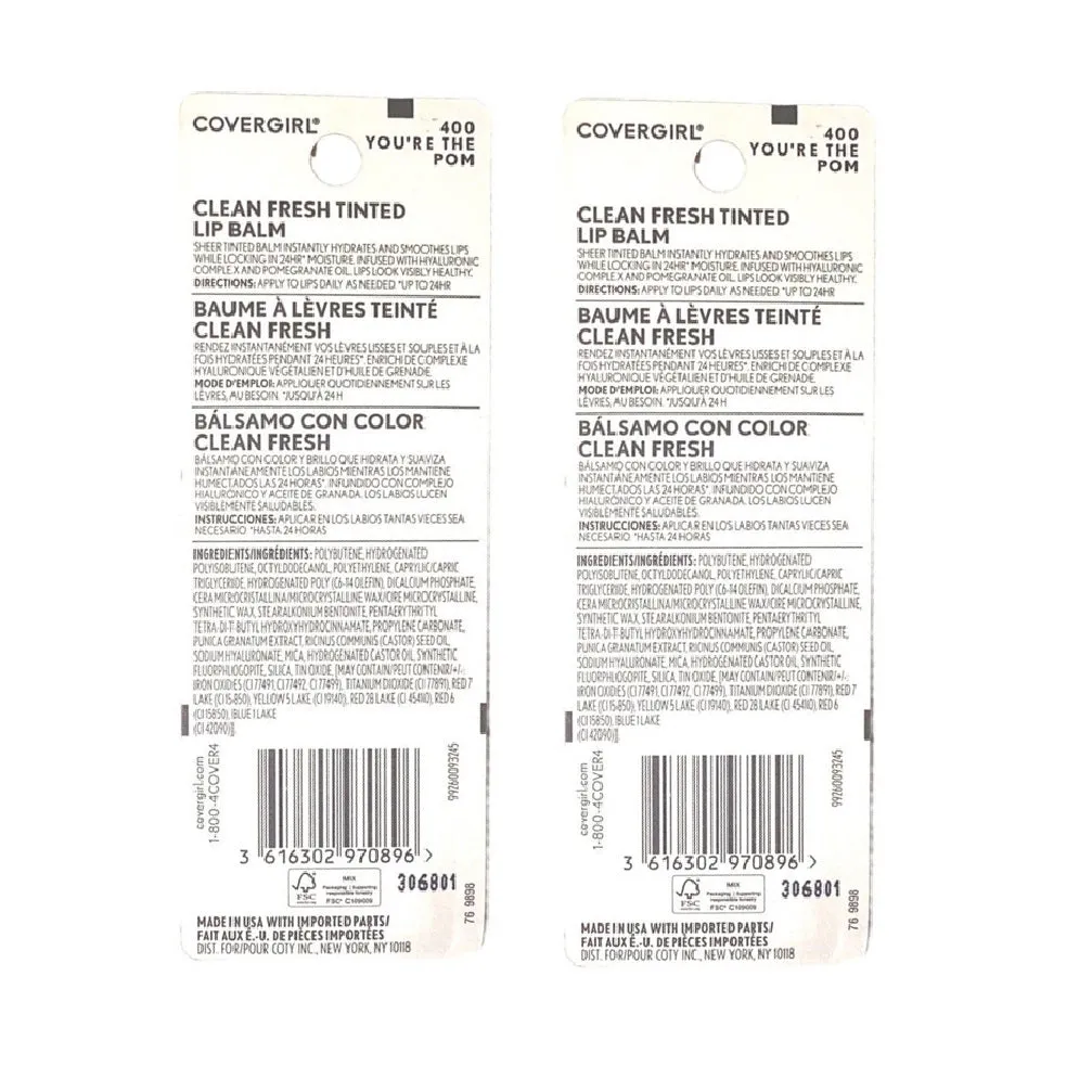 Pack of 2 CoverGirl Clean Fresh Tinted Lip Balm, You're the Pom 400