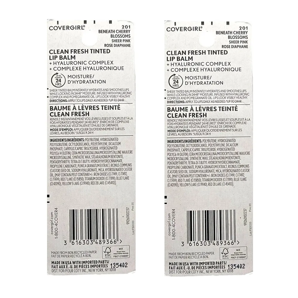 Pack of 2 CoverGirl Earth Day Clean Fresh Tinted Lip Balm, Beneath Cherry Blossoms 201