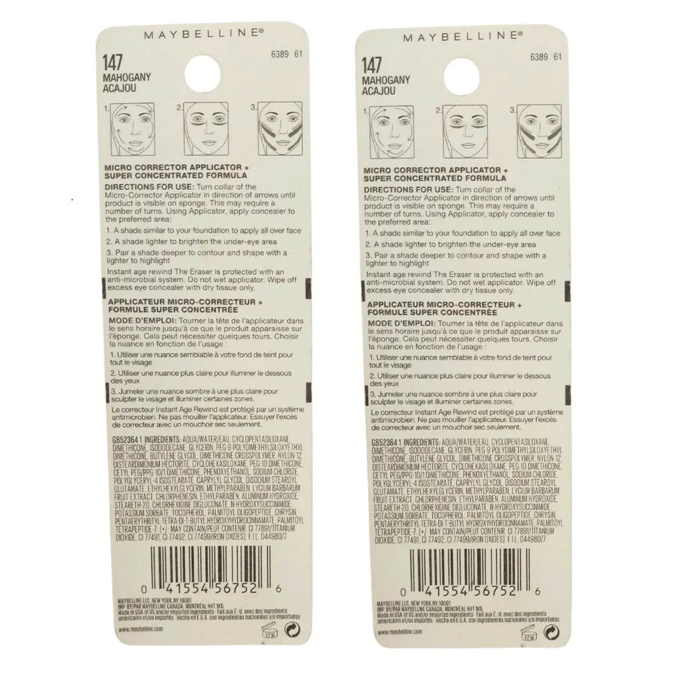 Pack of 2 Maybelline New York Instant Age Rewind Instant Eraser Multi-Use Concealer, Mahogany # 147