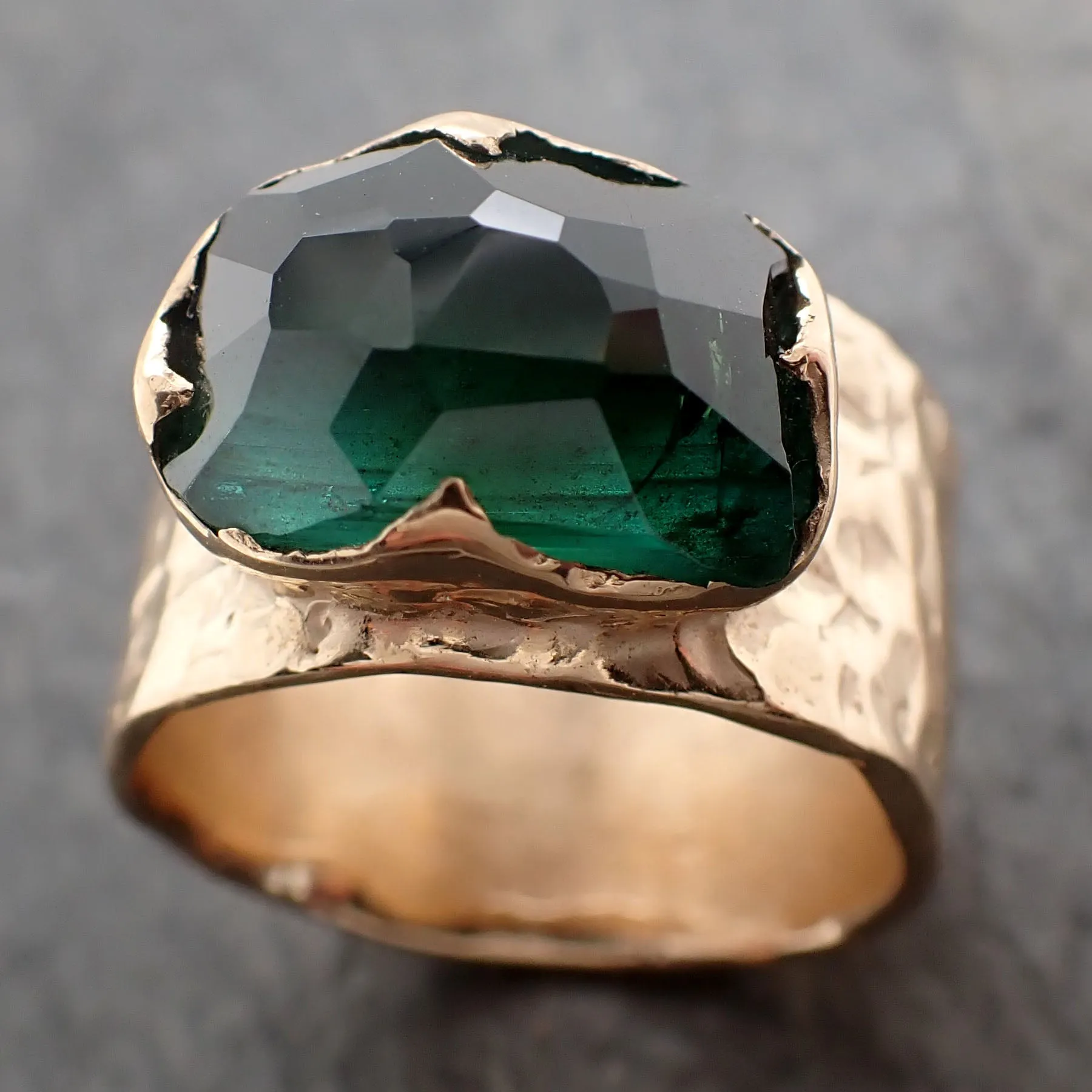Partially Faceted Green Tourmaline 18k Yellow Gold Gemstone Solitaire Cigar statement ring 3266