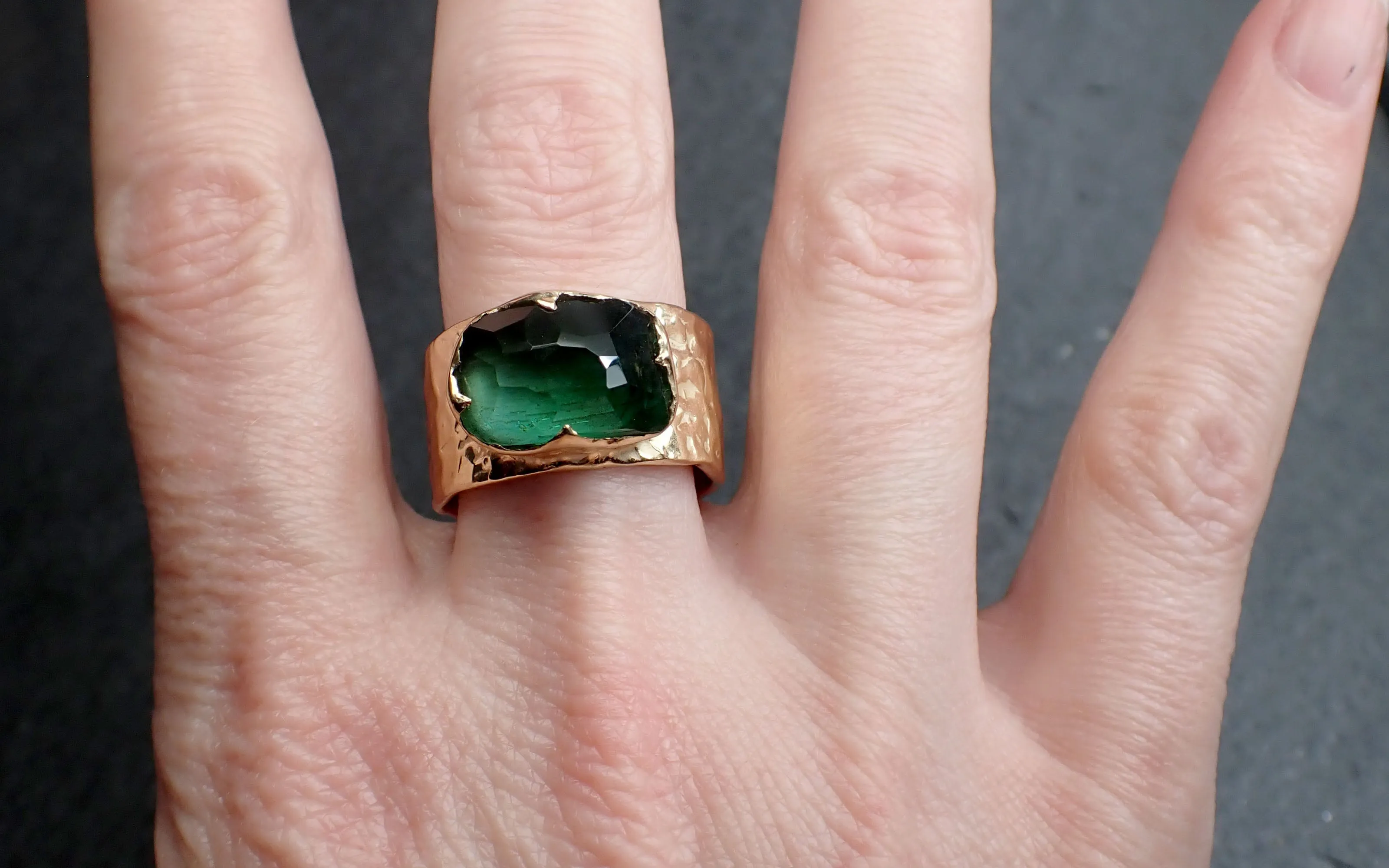 Partially Faceted Green Tourmaline 18k Yellow Gold Gemstone Solitaire Cigar statement ring 3266