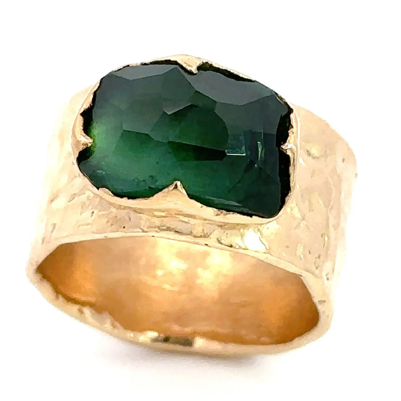 Partially Faceted Green Tourmaline 18k Yellow Gold Gemstone Solitaire Cigar statement ring 3266