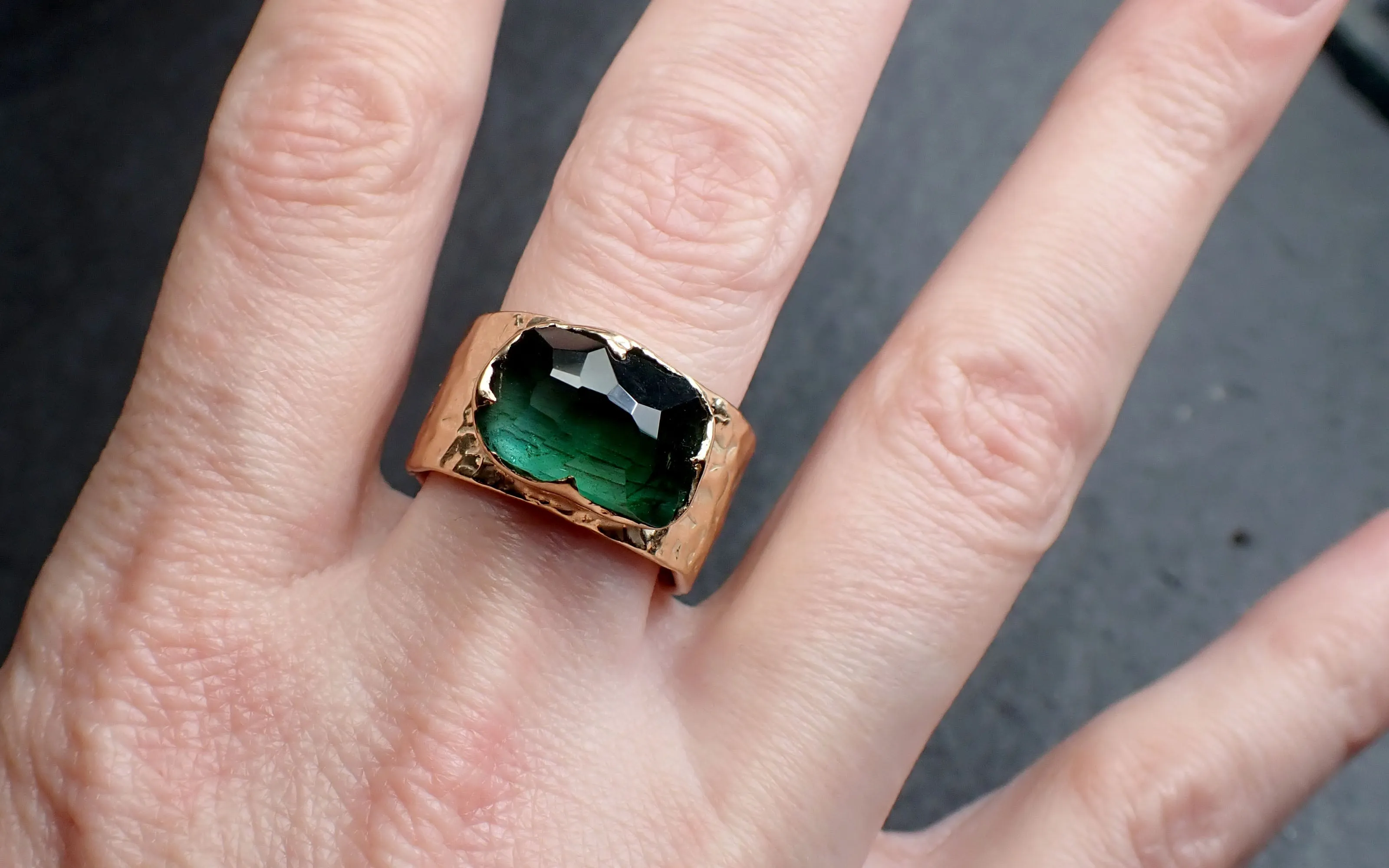 Partially Faceted Green Tourmaline 18k Yellow Gold Gemstone Solitaire Cigar statement ring 3266
