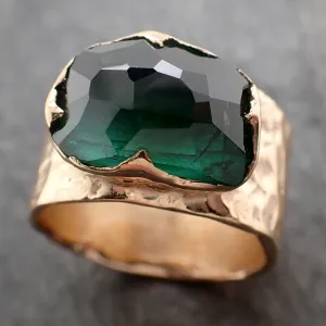 Partially Faceted Green Tourmaline 18k Yellow Gold Gemstone Solitaire Cigar statement ring 3266