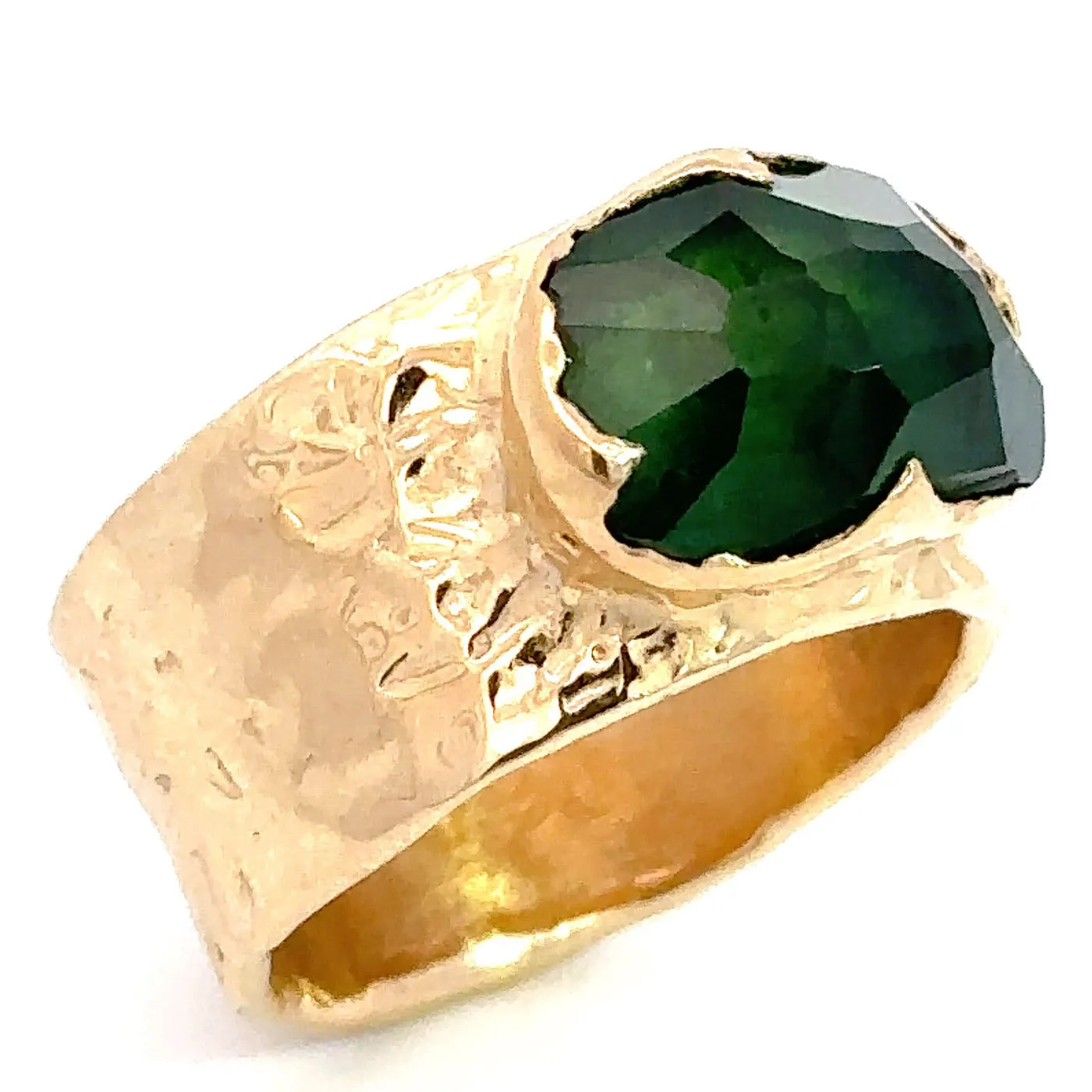Partially Faceted Green Tourmaline 18k Yellow Gold Gemstone Solitaire Cigar statement ring 3266