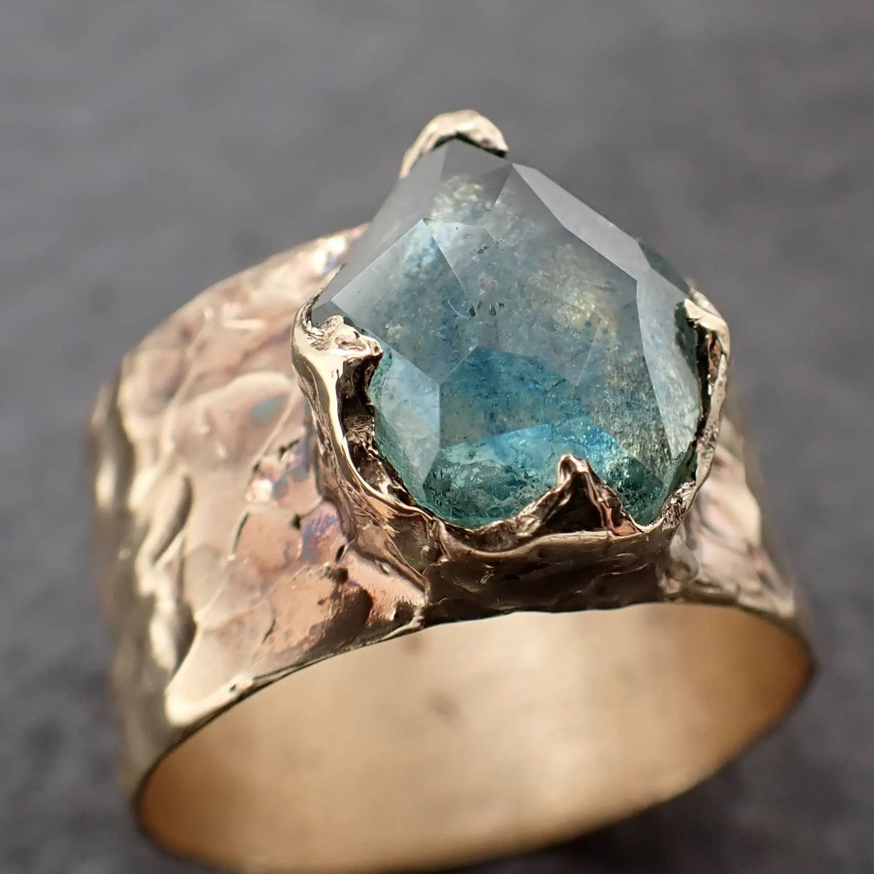 Partially Faceted Montana Sapphire Ring Gemstone Ring Cocktail Solitaire Yellow 14k Cigar band 3214_1