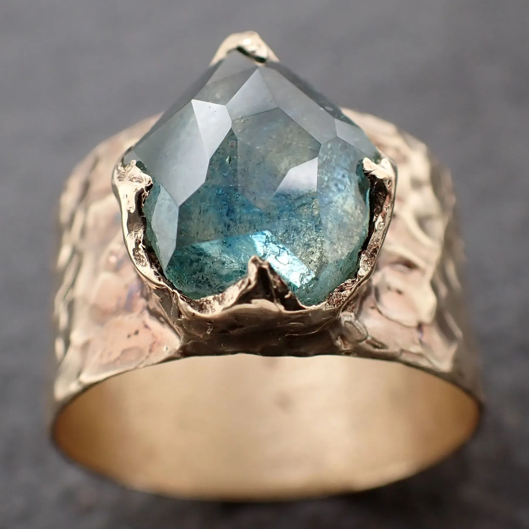 Partially Faceted Montana Sapphire Ring Gemstone Ring Cocktail Solitaire Yellow 14k Cigar band 3214_1