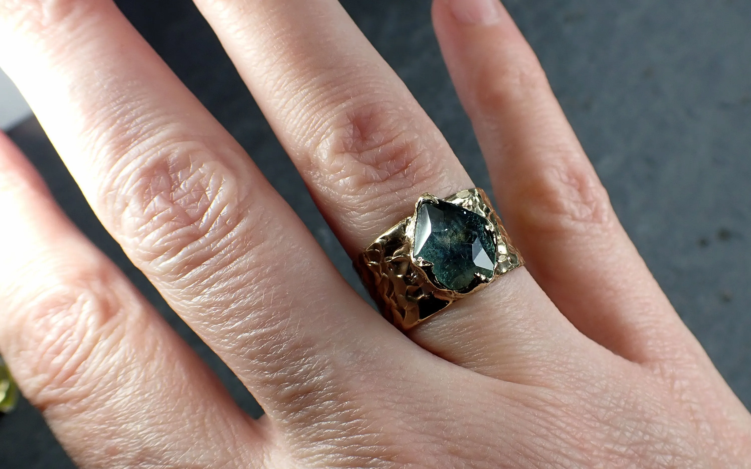 Partially Faceted Montana Sapphire Ring Gemstone Ring Cocktail Solitaire Yellow 14k Cigar band 3214_1
