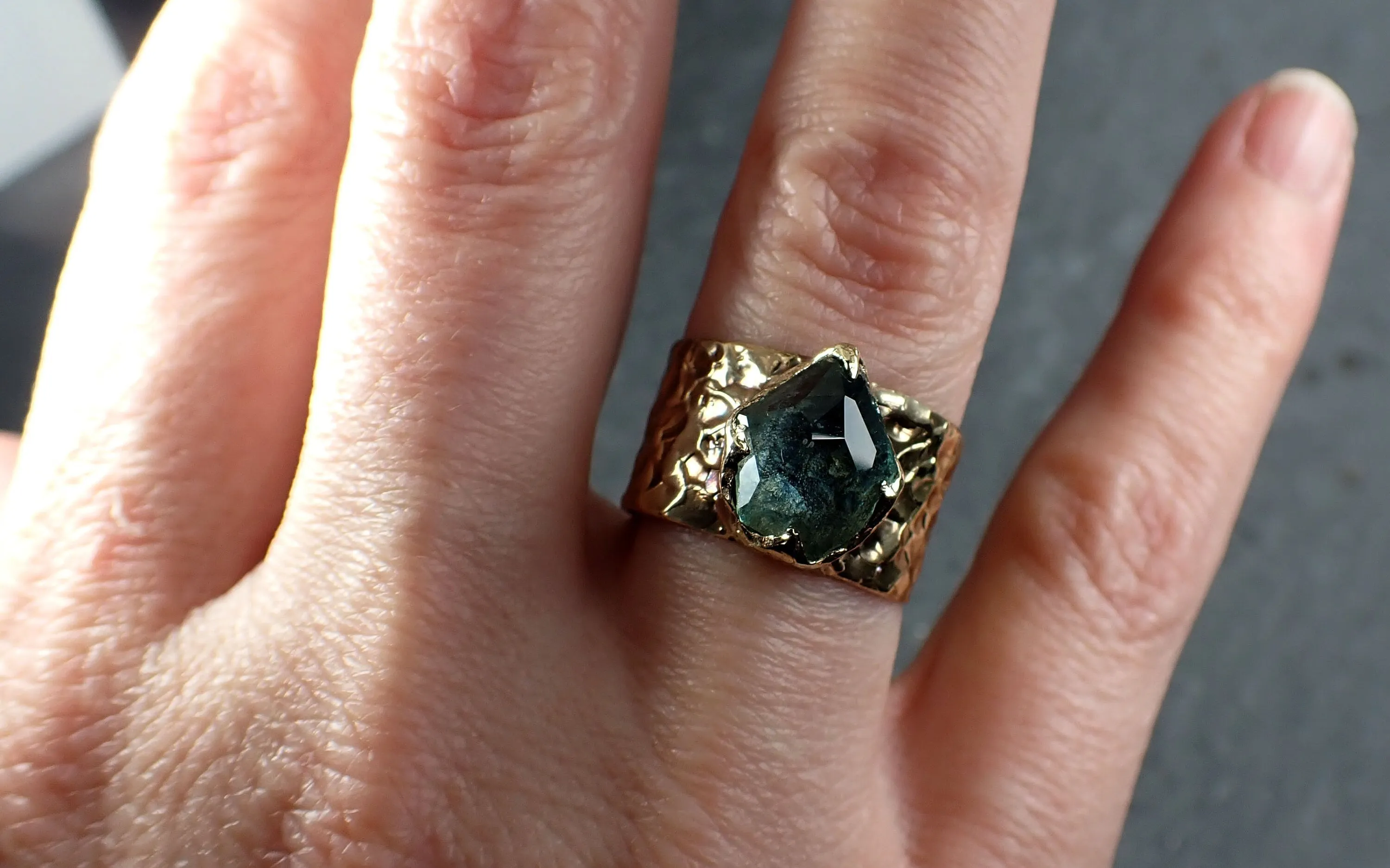 Partially Faceted Montana Sapphire Ring Gemstone Ring Cocktail Solitaire Yellow 14k Cigar band 3214_1