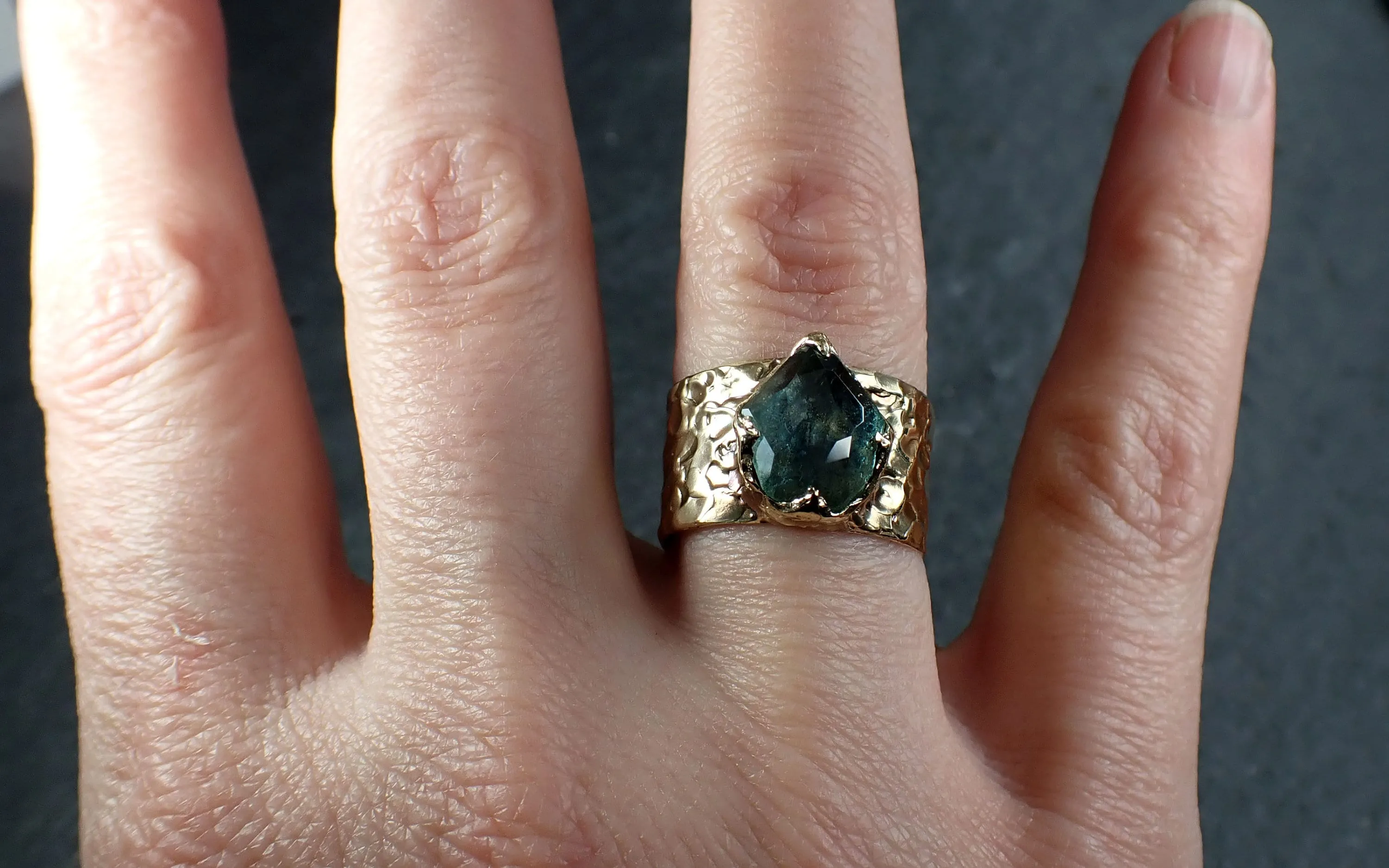 Partially Faceted Montana Sapphire Ring Gemstone Ring Cocktail Solitaire Yellow 14k Cigar band 3214_1