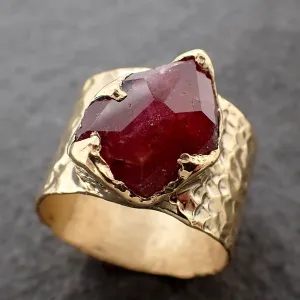 Partially Faceted Ruby Sapphire Ring Gemstone Ring Cocktail Solitaire Yellow 14k Cigar band 3218
