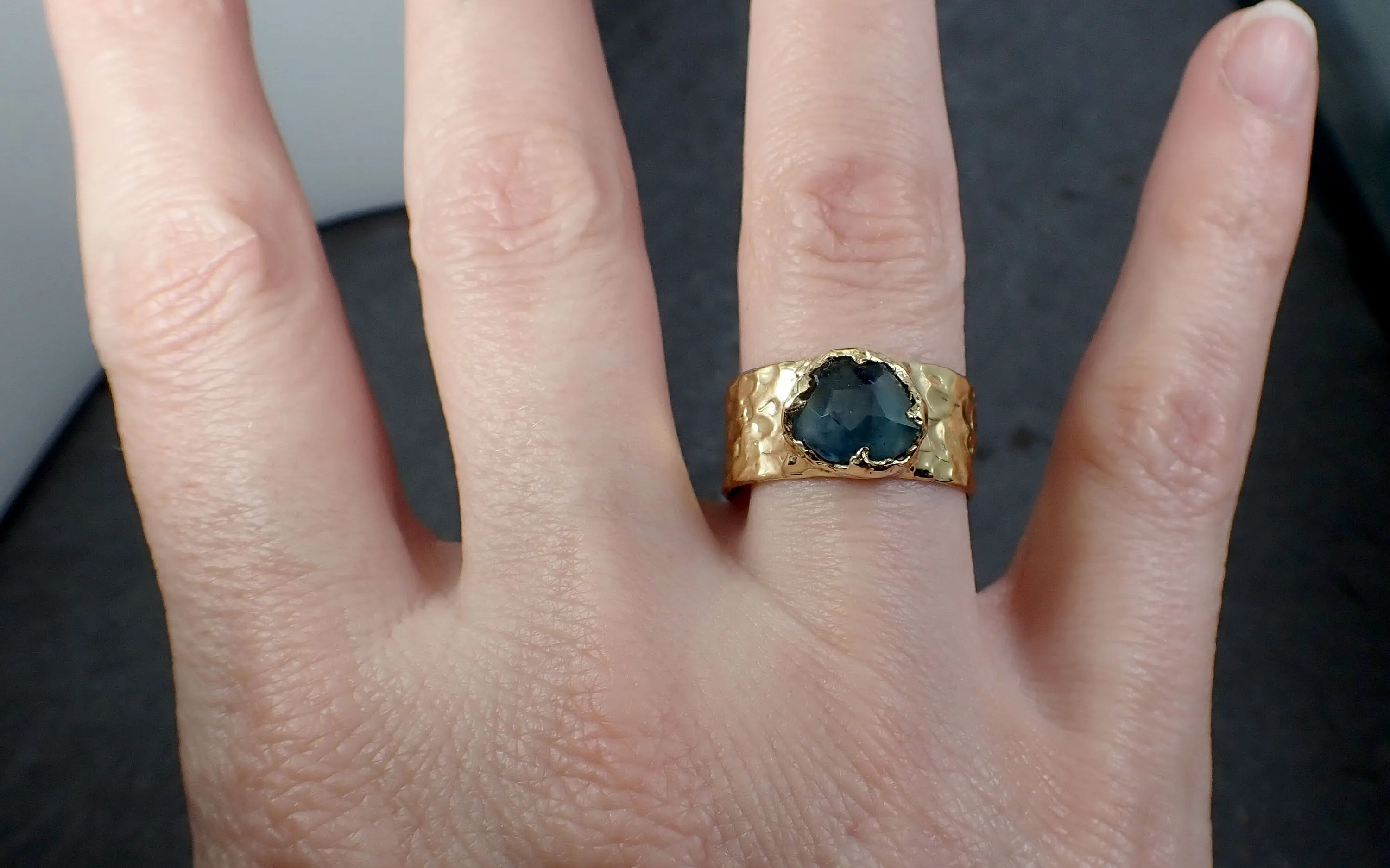 Partially Faceted Sapphire Ring Gemstone Ring Cocktail Solitaire Yellow 18k Cigar band 3227