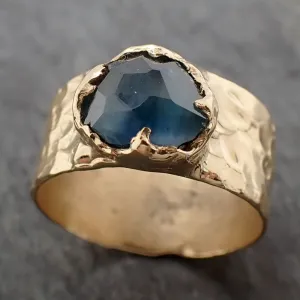 Partially Faceted Sapphire Ring Gemstone Ring Cocktail Solitaire Yellow 18k Cigar band 3227
