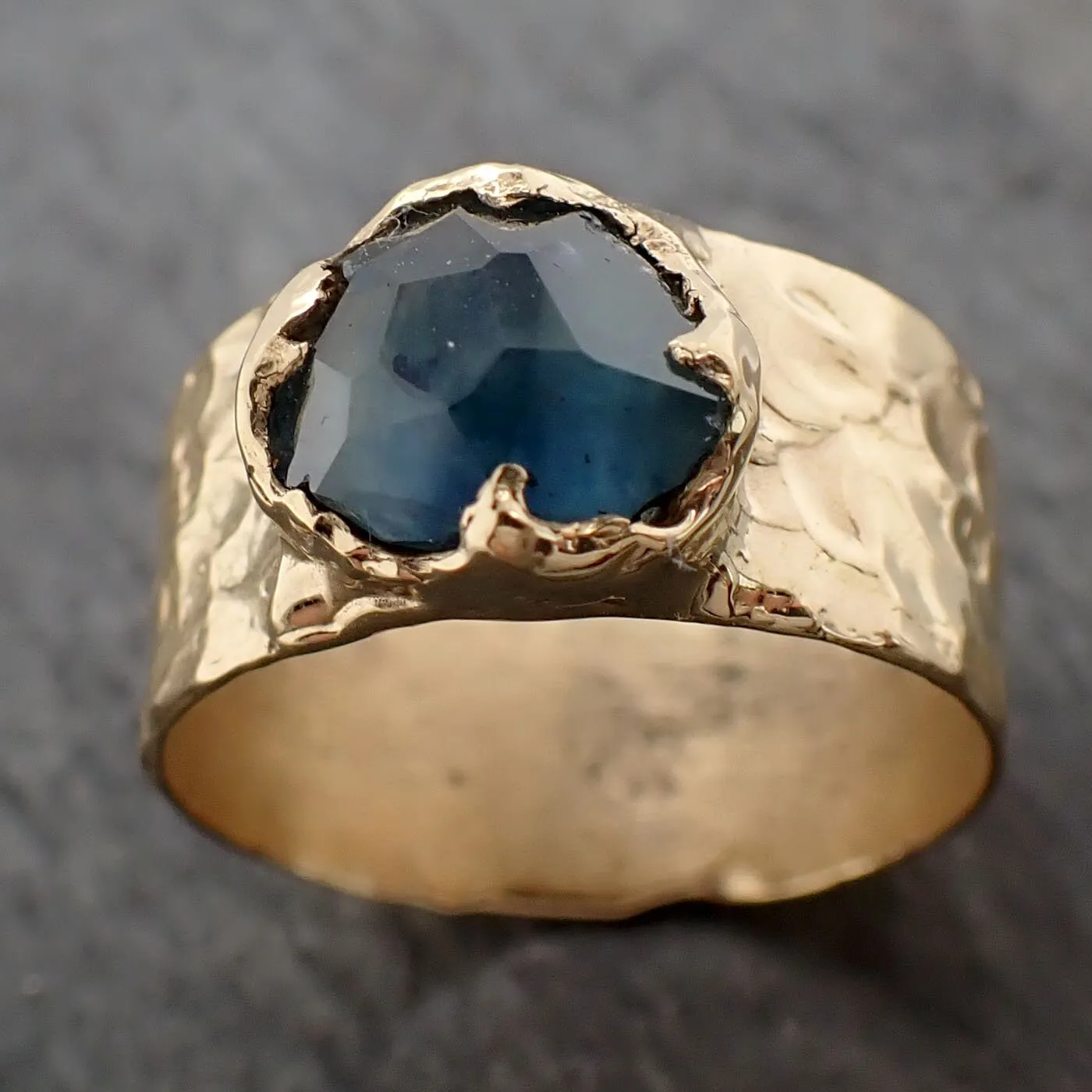 Partially Faceted Sapphire Ring Gemstone Ring Cocktail Solitaire Yellow 18k Cigar band 3227