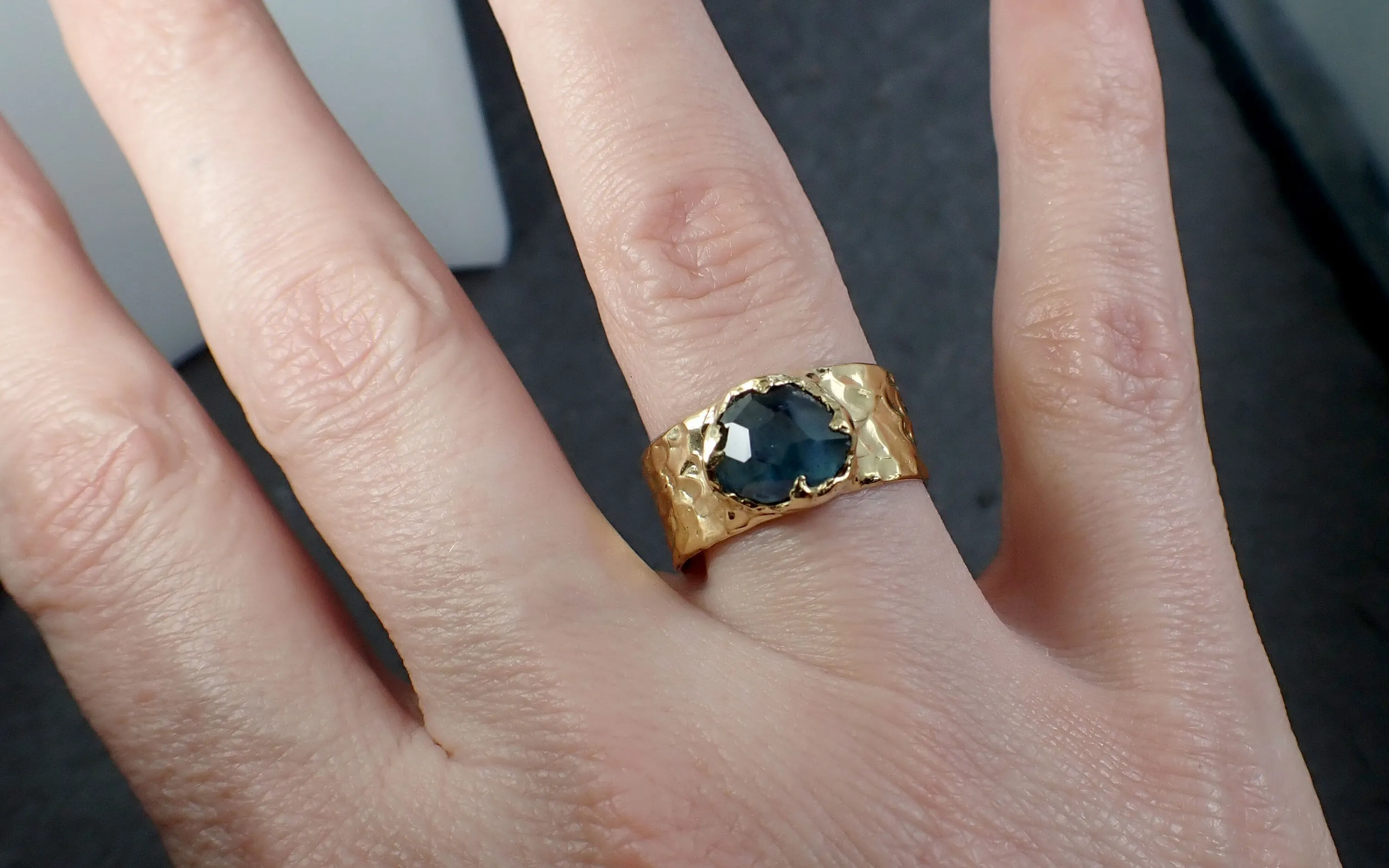 Partially Faceted Sapphire Ring Gemstone Ring Cocktail Solitaire Yellow 18k Cigar band 3227