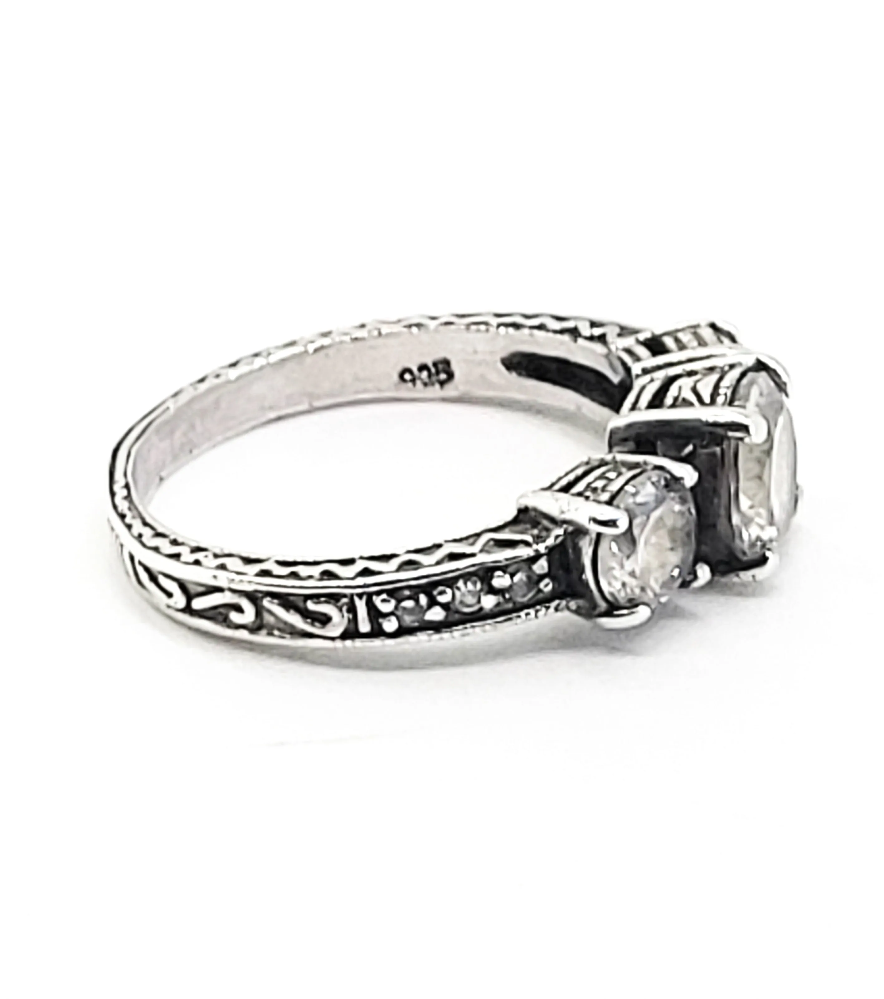 Past Present future three stone vintage inspired Cubic Zirconia sterling silver ring size 8