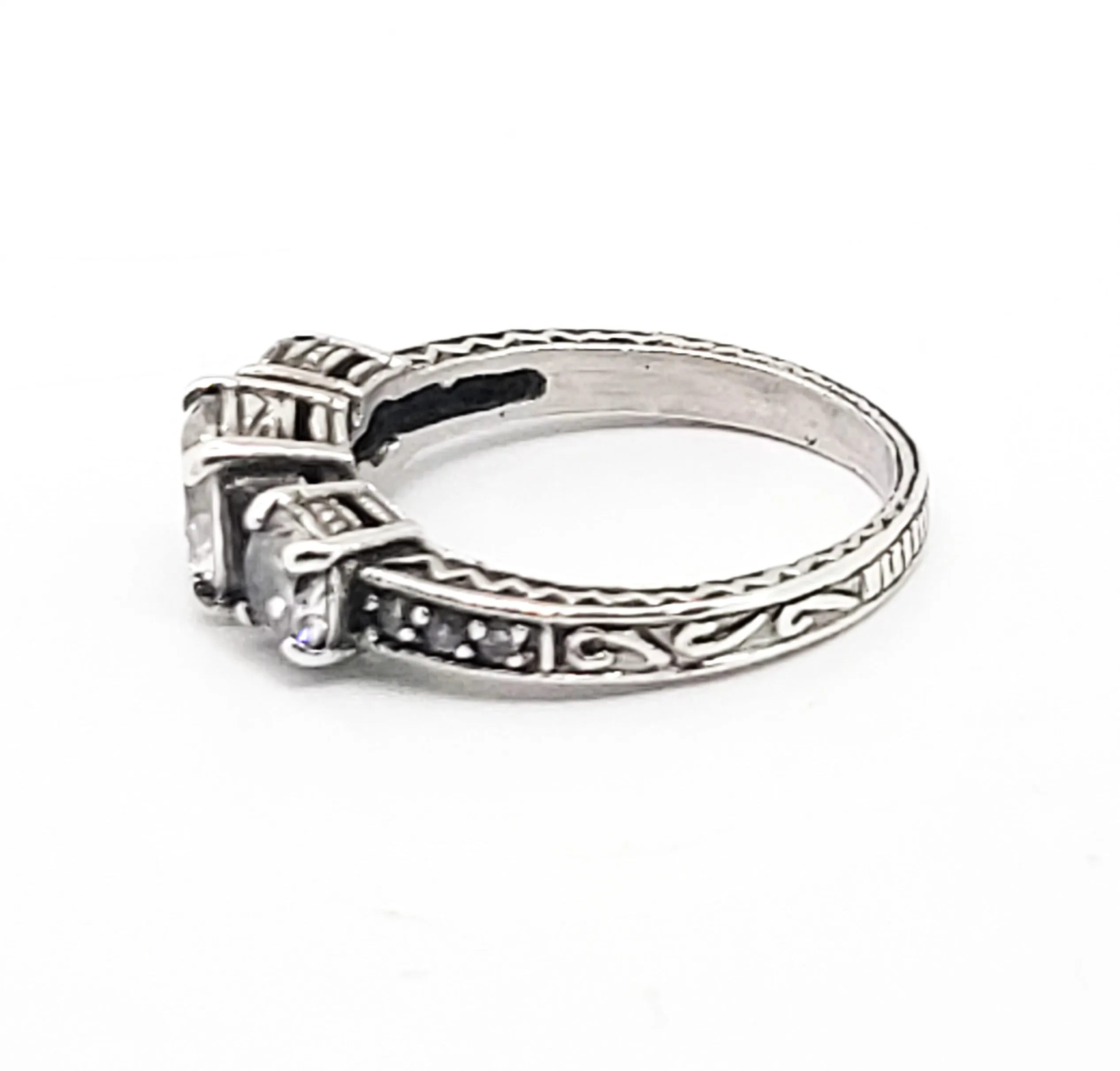 Past Present future three stone vintage inspired Cubic Zirconia sterling silver ring size 8