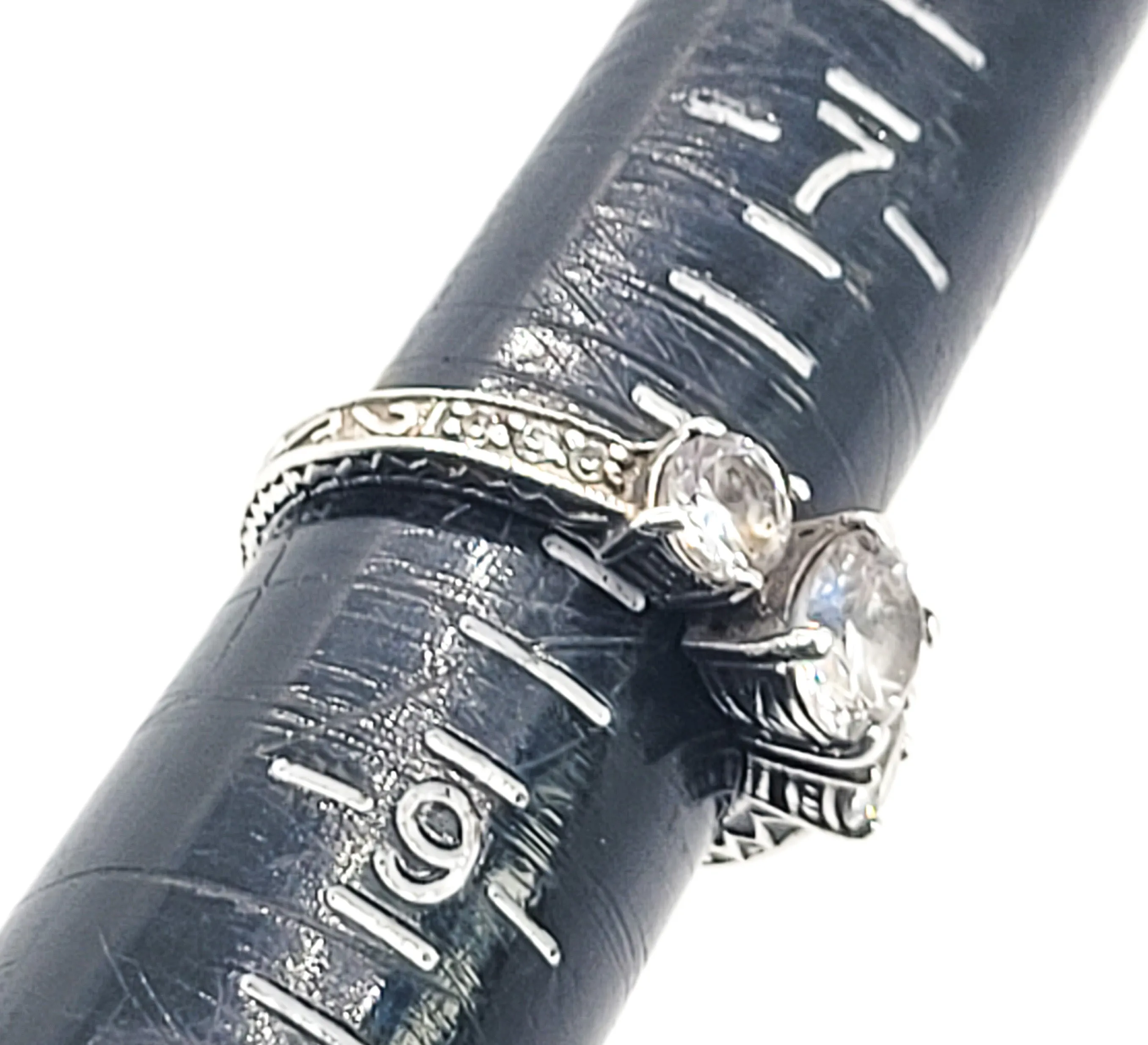 Past Present future three stone vintage inspired Cubic Zirconia sterling silver ring size 8