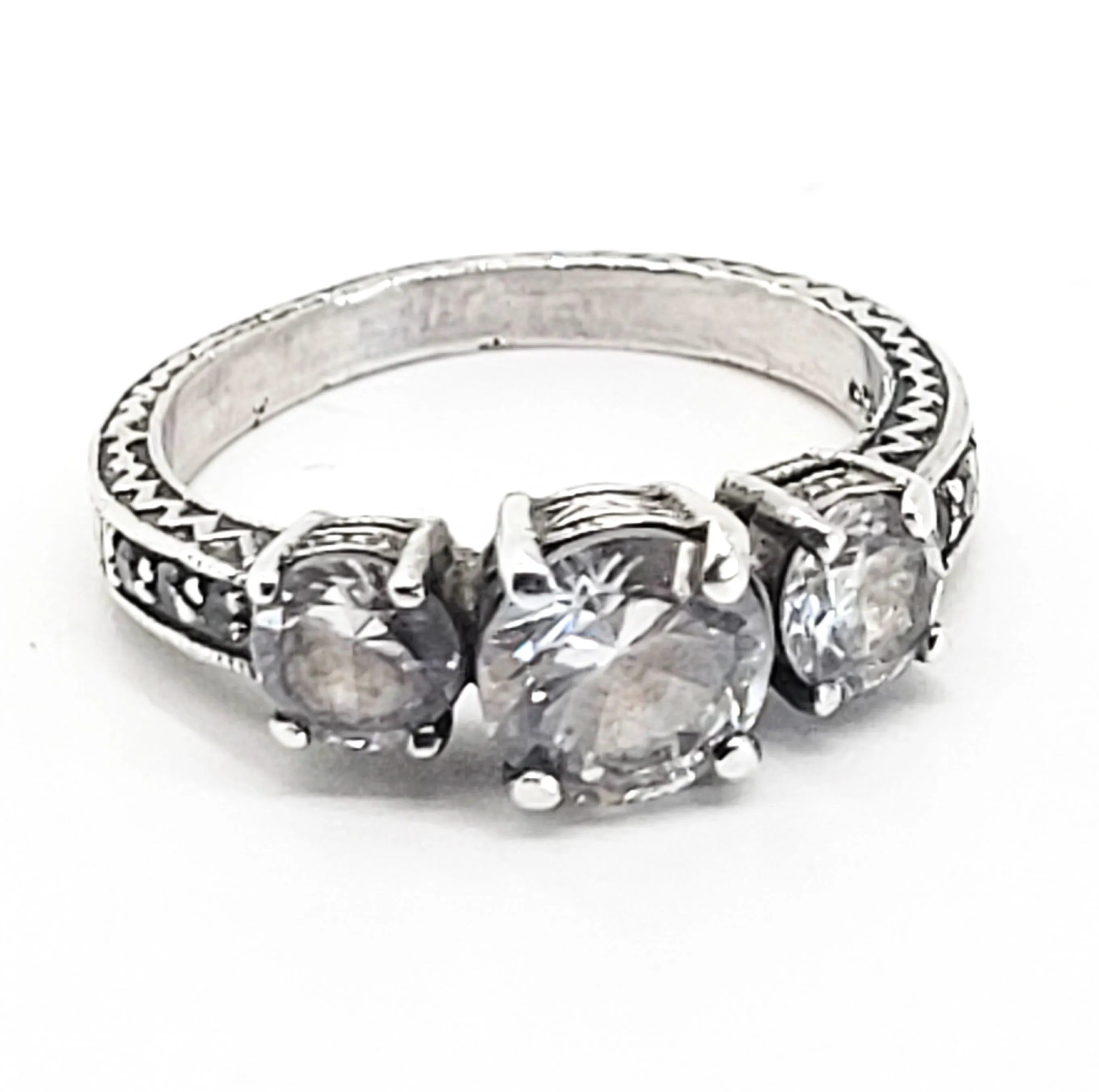 Past Present future three stone vintage inspired Cubic Zirconia sterling silver ring size 8