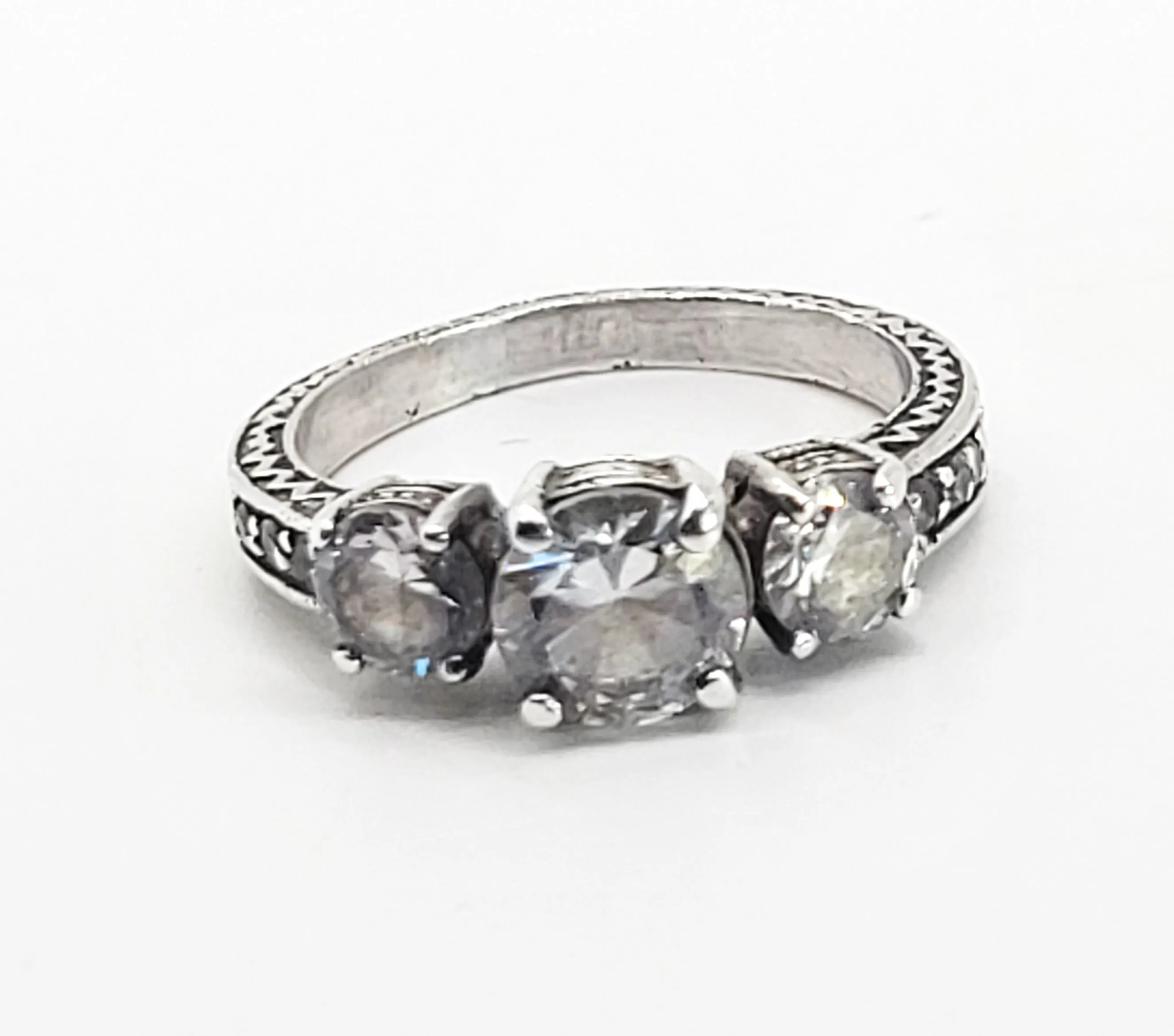 Past Present future three stone vintage inspired Cubic Zirconia sterling silver ring size 8