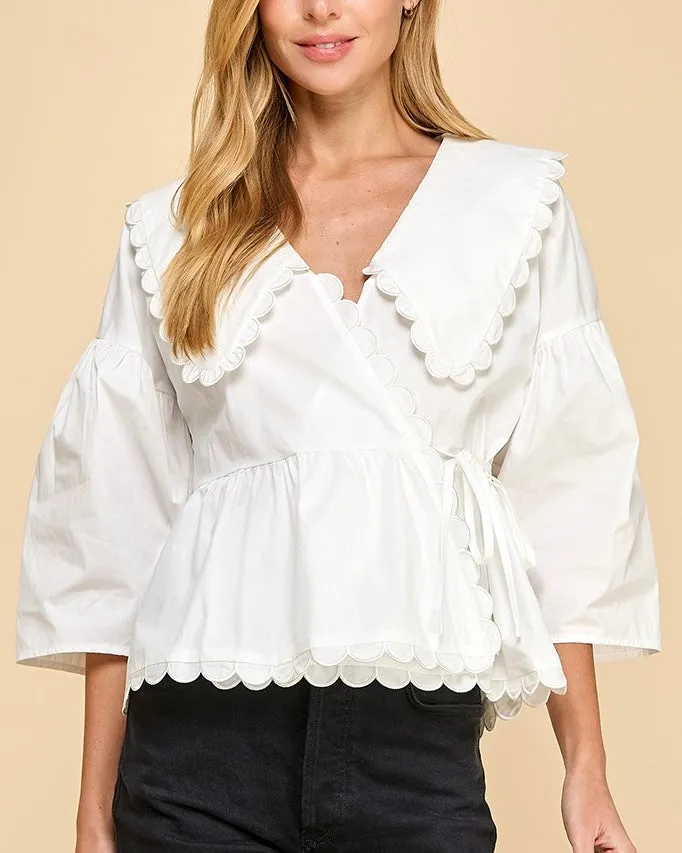 Peter Pan Collar Wrapped Front Top in White