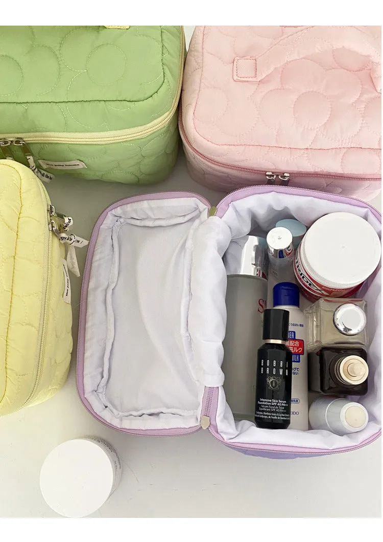 Pink Purple Green Yellow Floral Quilted cotton Cosmetic Organizer, Large Capacity Makeup Bag