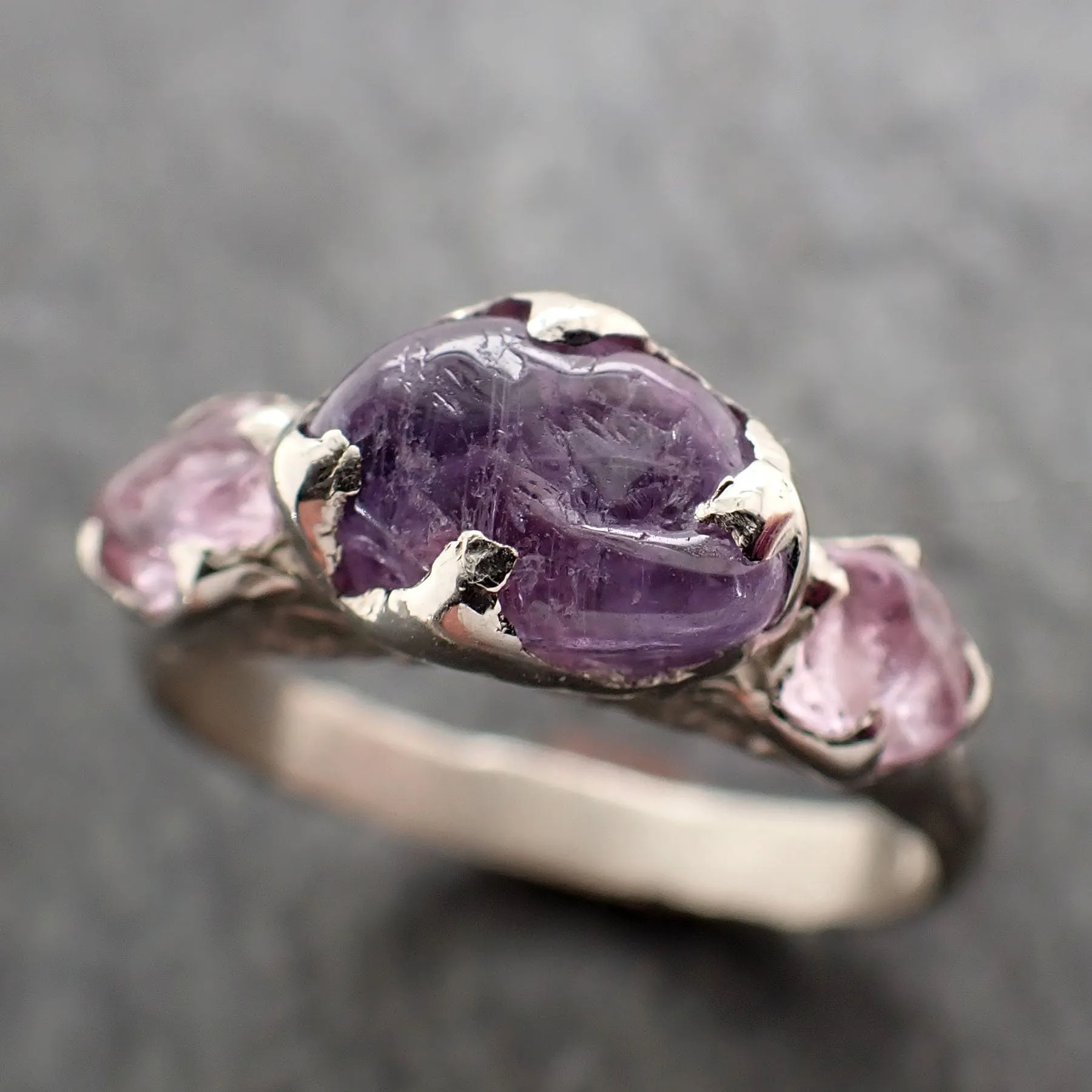 Pink purple Sapphire tumbled White 14k gold multi stone gemstone ring 2904