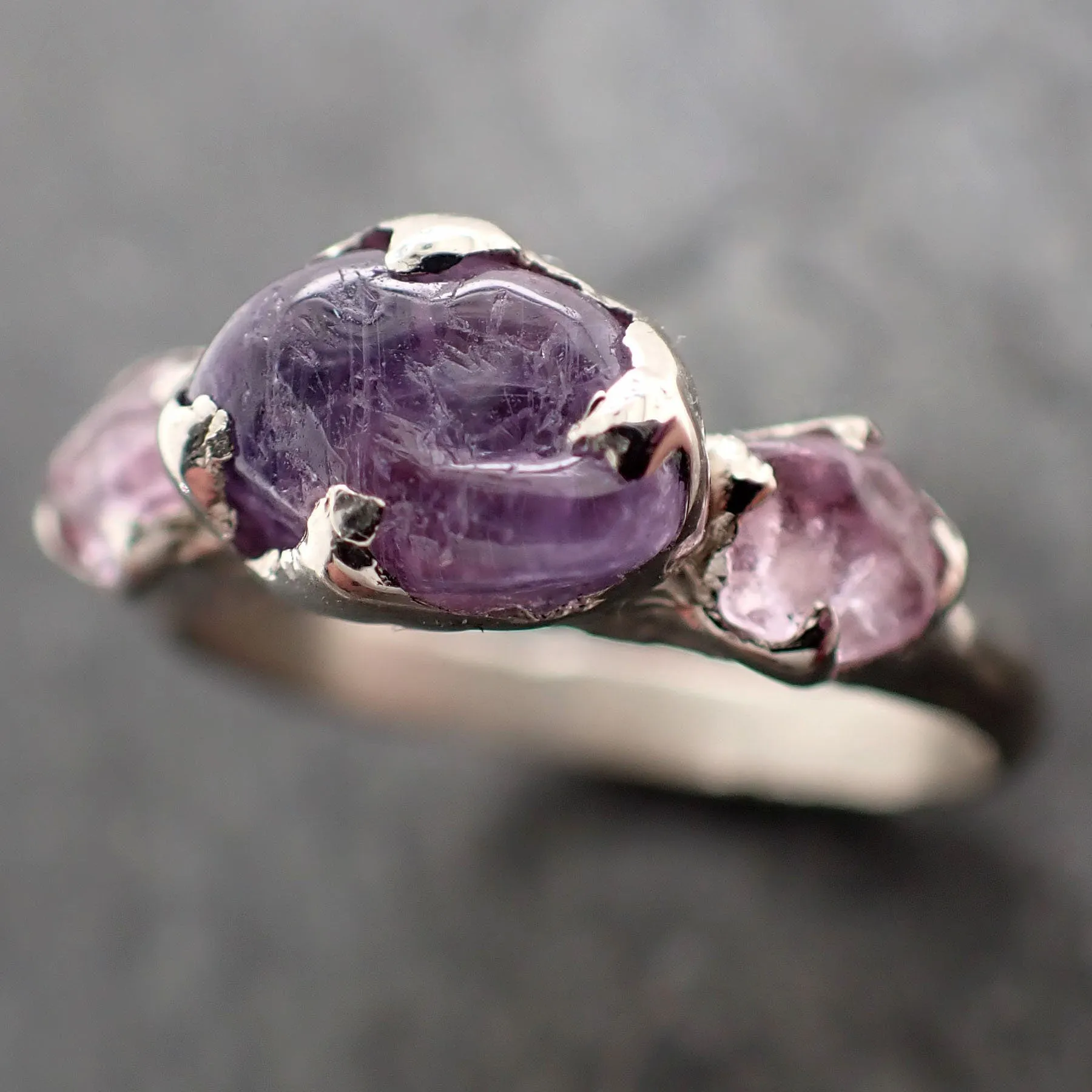 Pink purple Sapphire tumbled White 14k gold multi stone gemstone ring 2904