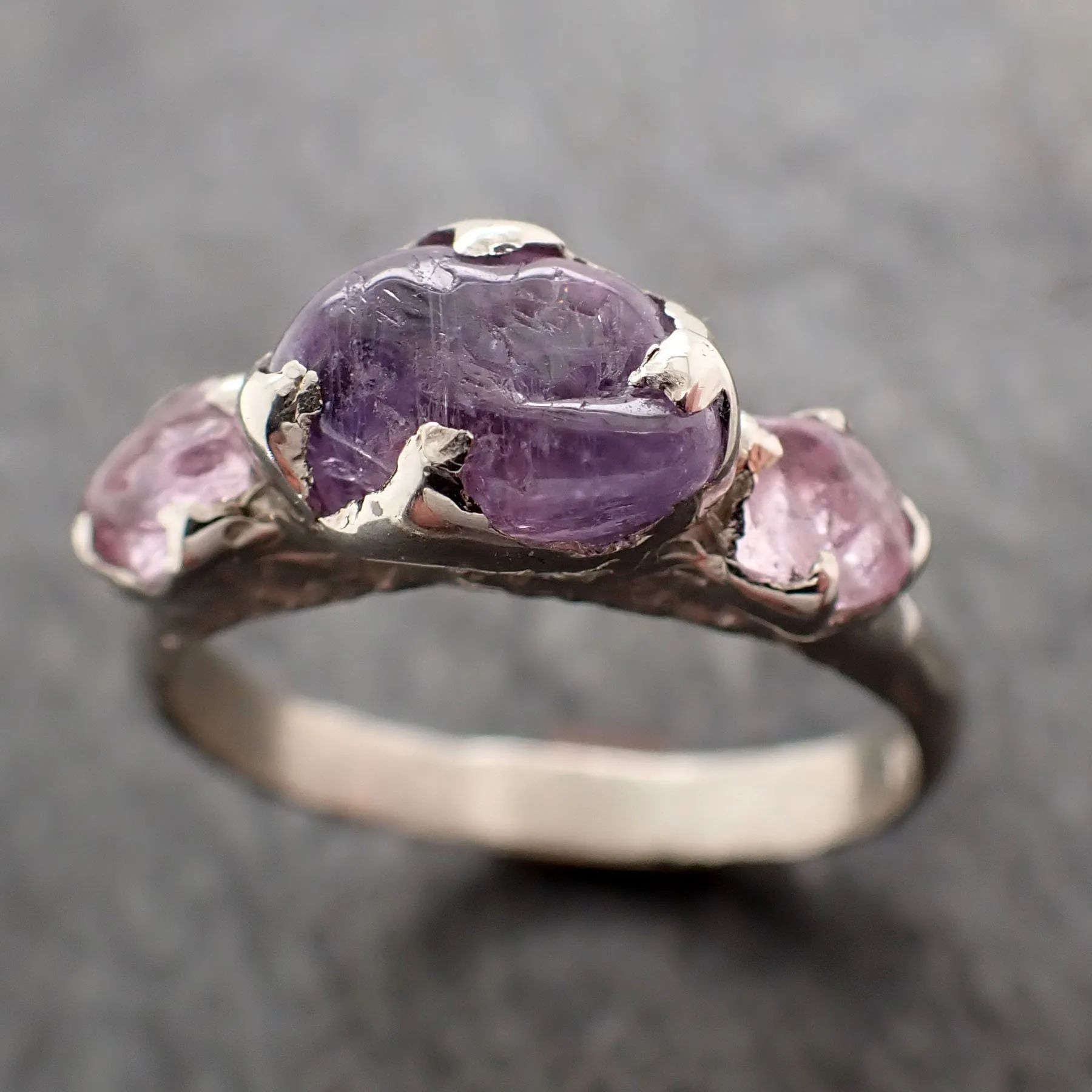 Pink purple Sapphire tumbled White 14k gold multi stone gemstone ring 2904