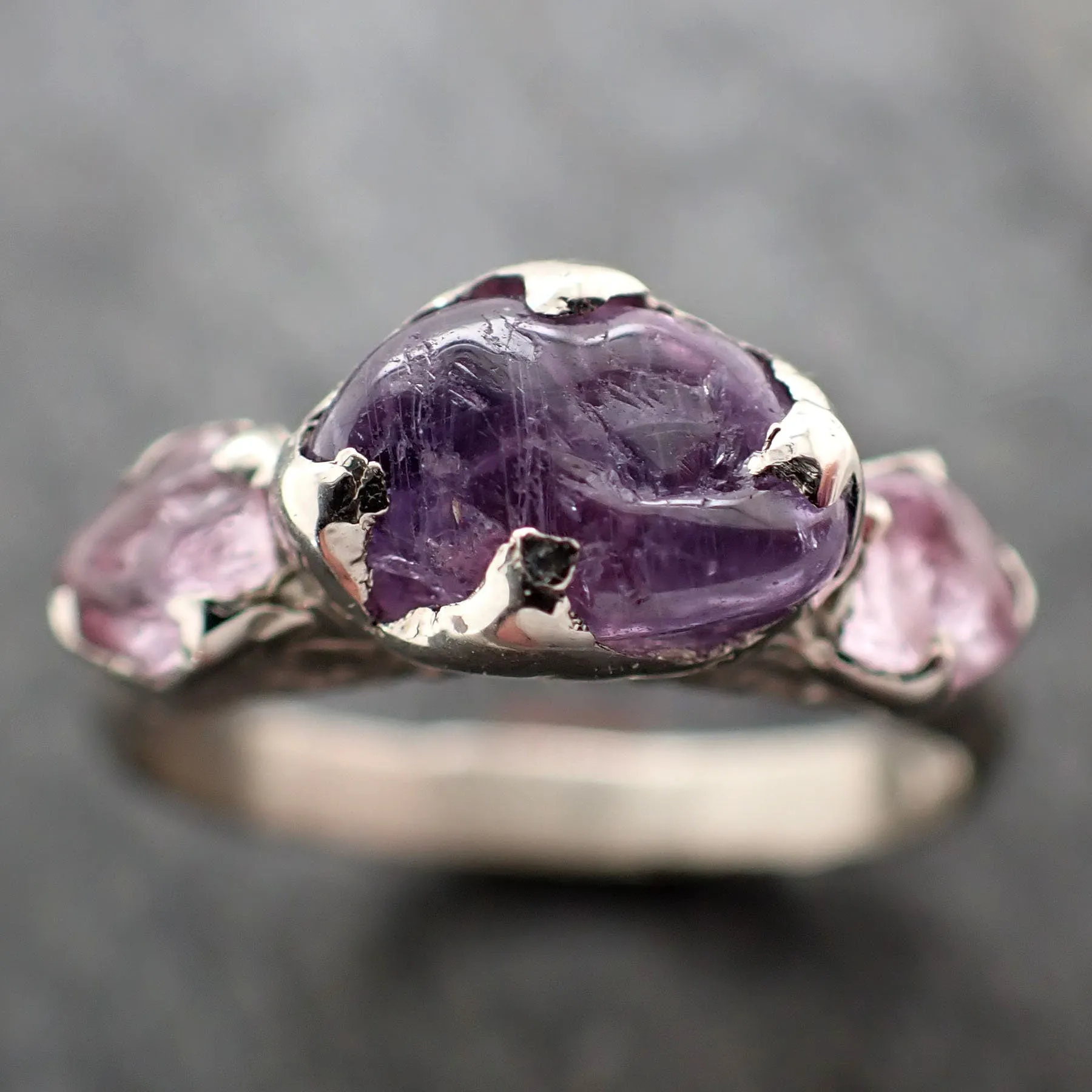 Pink purple Sapphire tumbled White 14k gold multi stone gemstone ring 2904