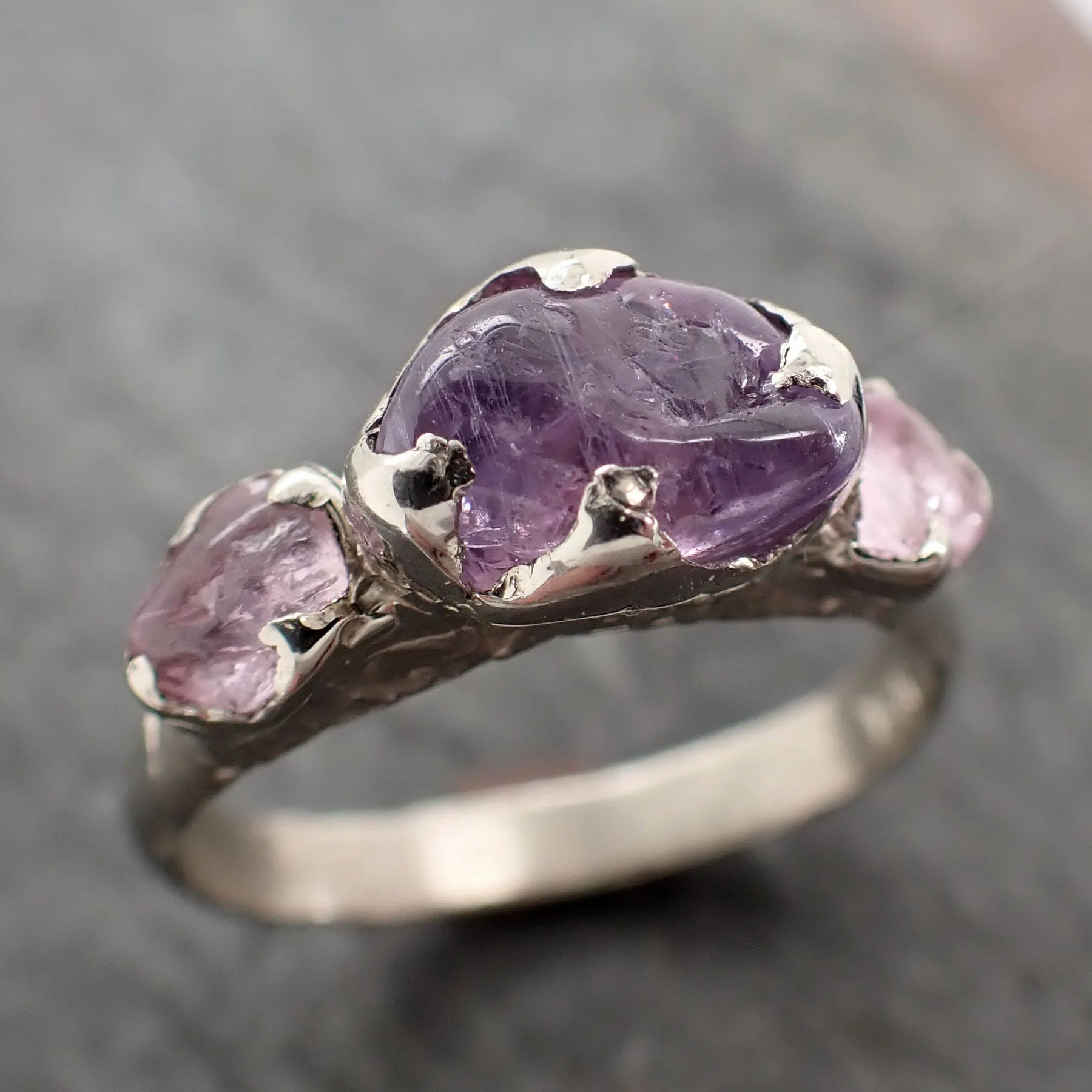Pink purple Sapphire tumbled White 14k gold multi stone gemstone ring 2904