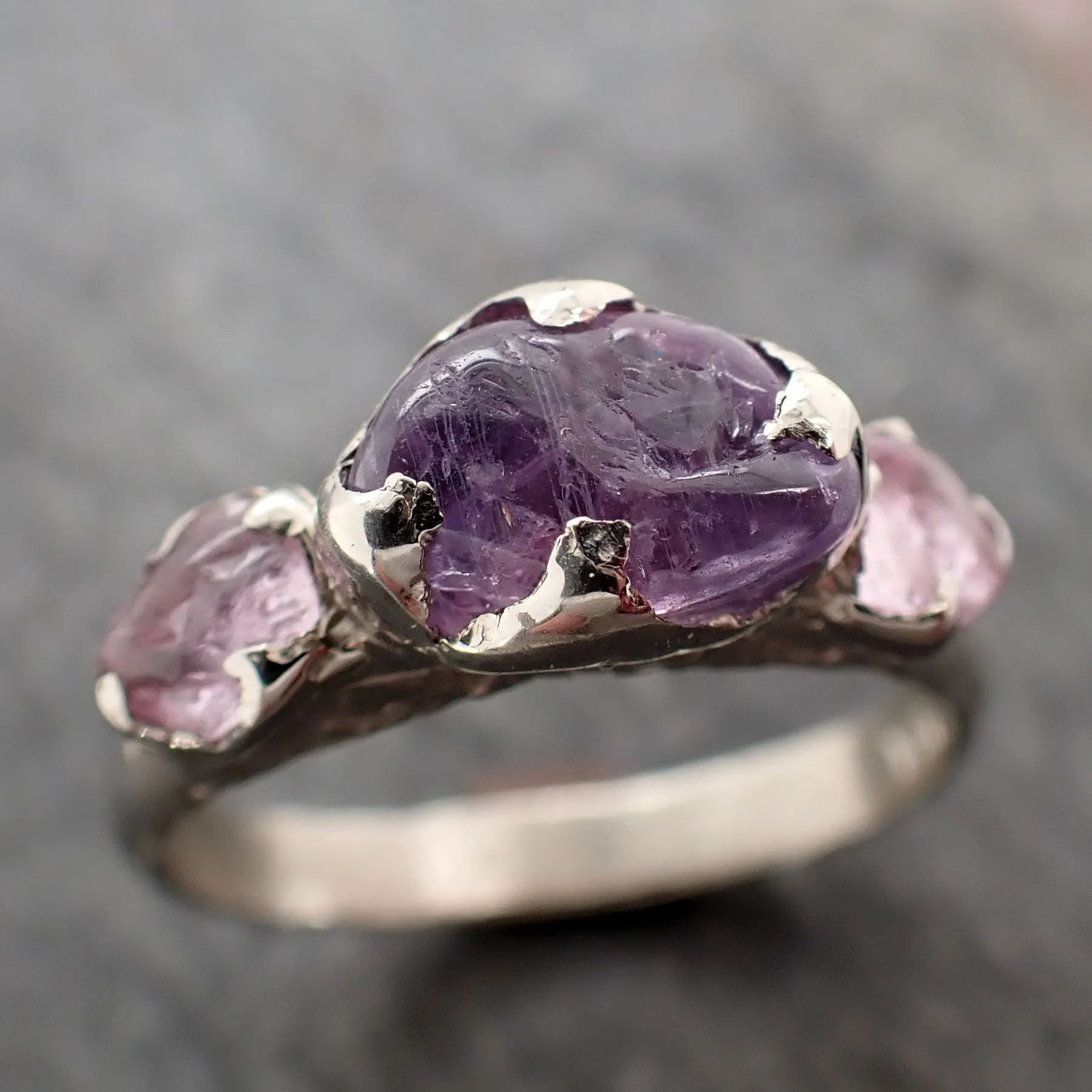 Pink purple Sapphire tumbled White 14k gold multi stone gemstone ring 2904