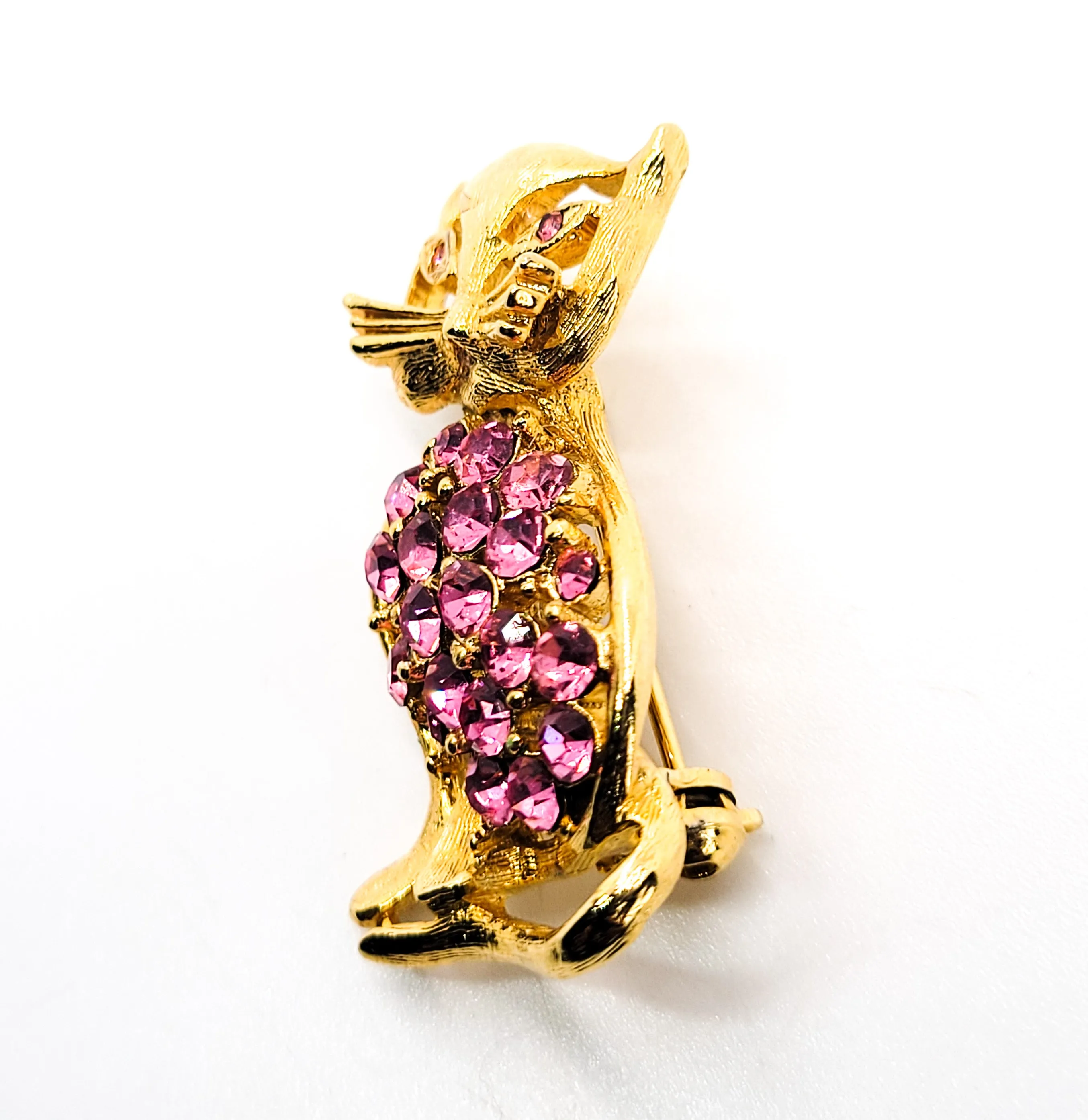 Pink rhinestone gold toned open work vintage figural kitty cat brooch