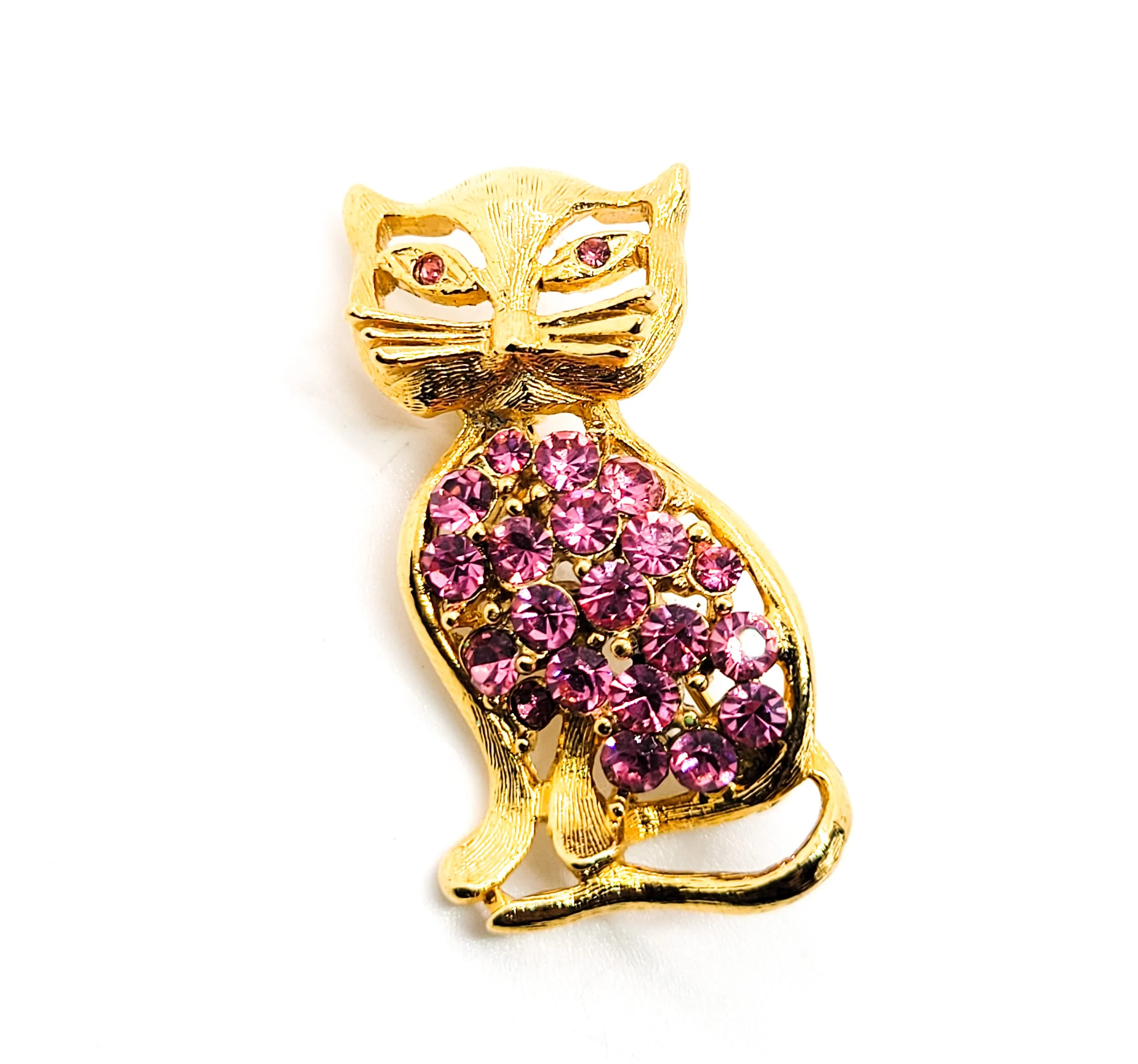 Pink rhinestone gold toned open work vintage figural kitty cat brooch