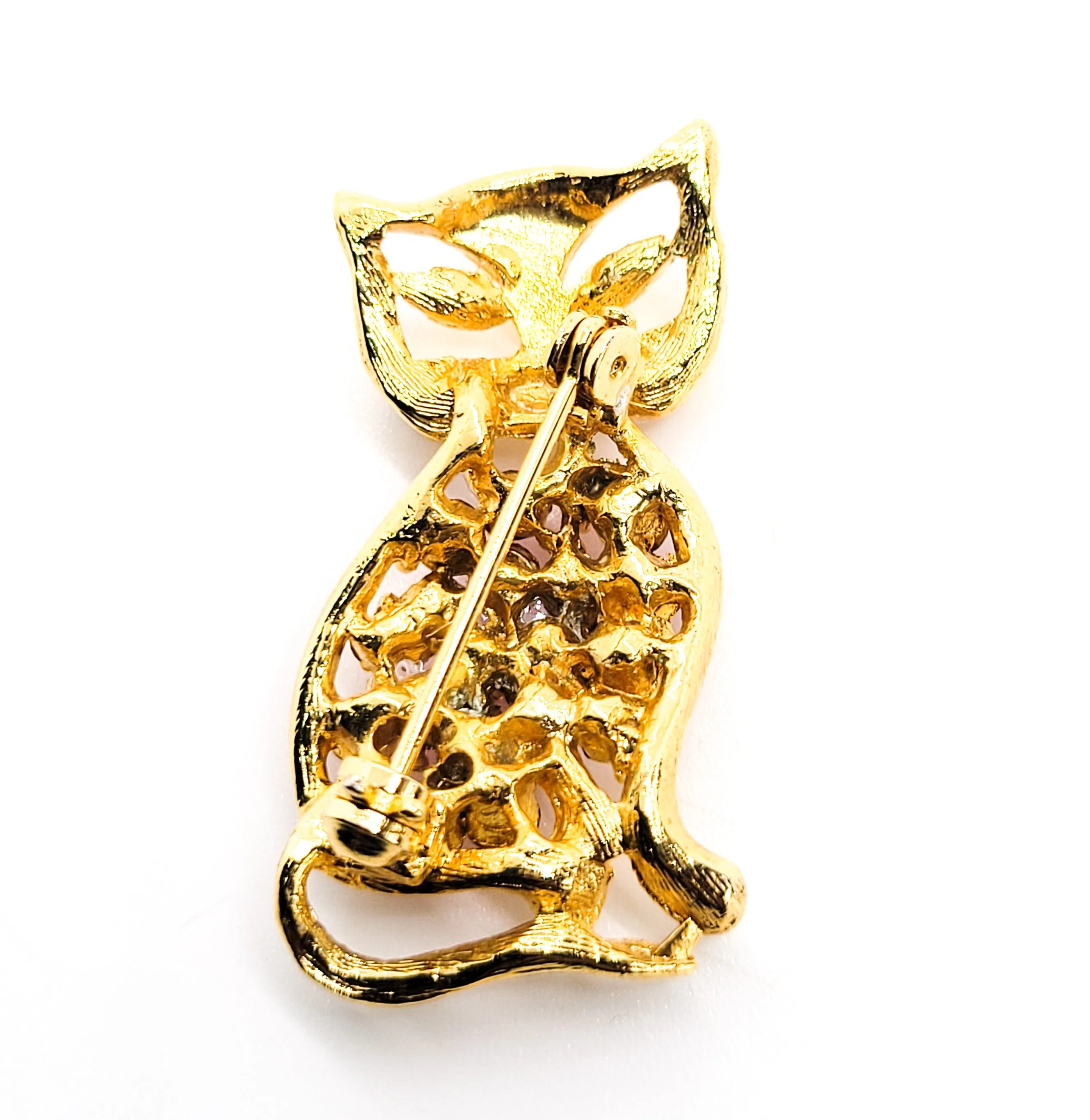 Pink rhinestone gold toned open work vintage figural kitty cat brooch