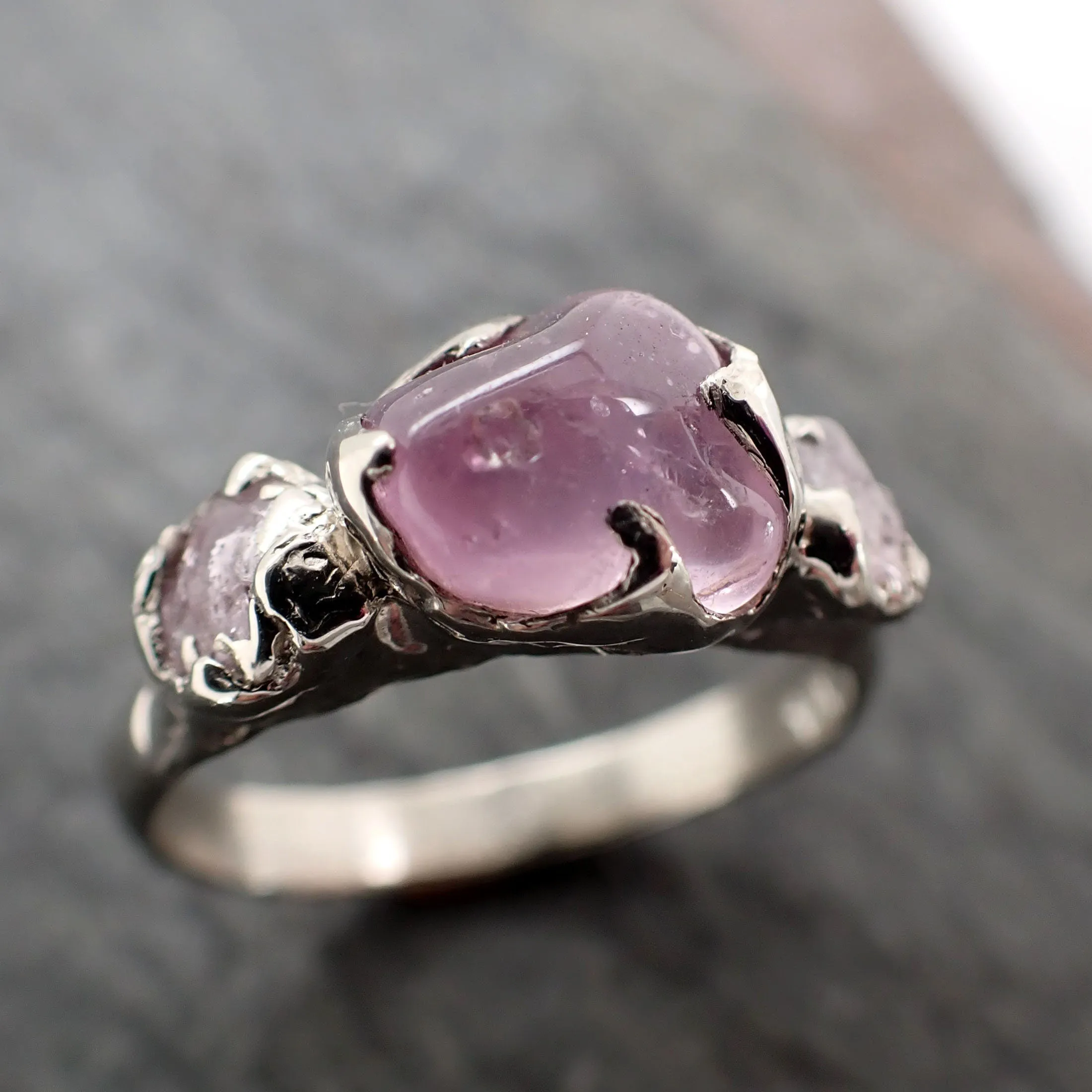 Pink Sapphire tumbled White 14k gold multi stone gemstone ring 2884