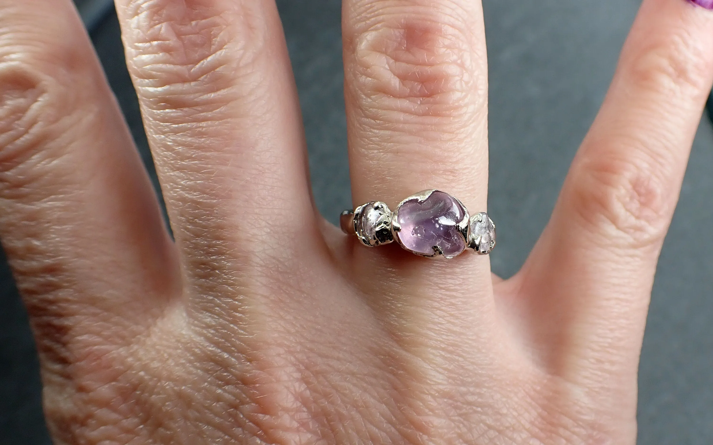 Pink Sapphire tumbled White 14k gold multi stone gemstone ring 2884