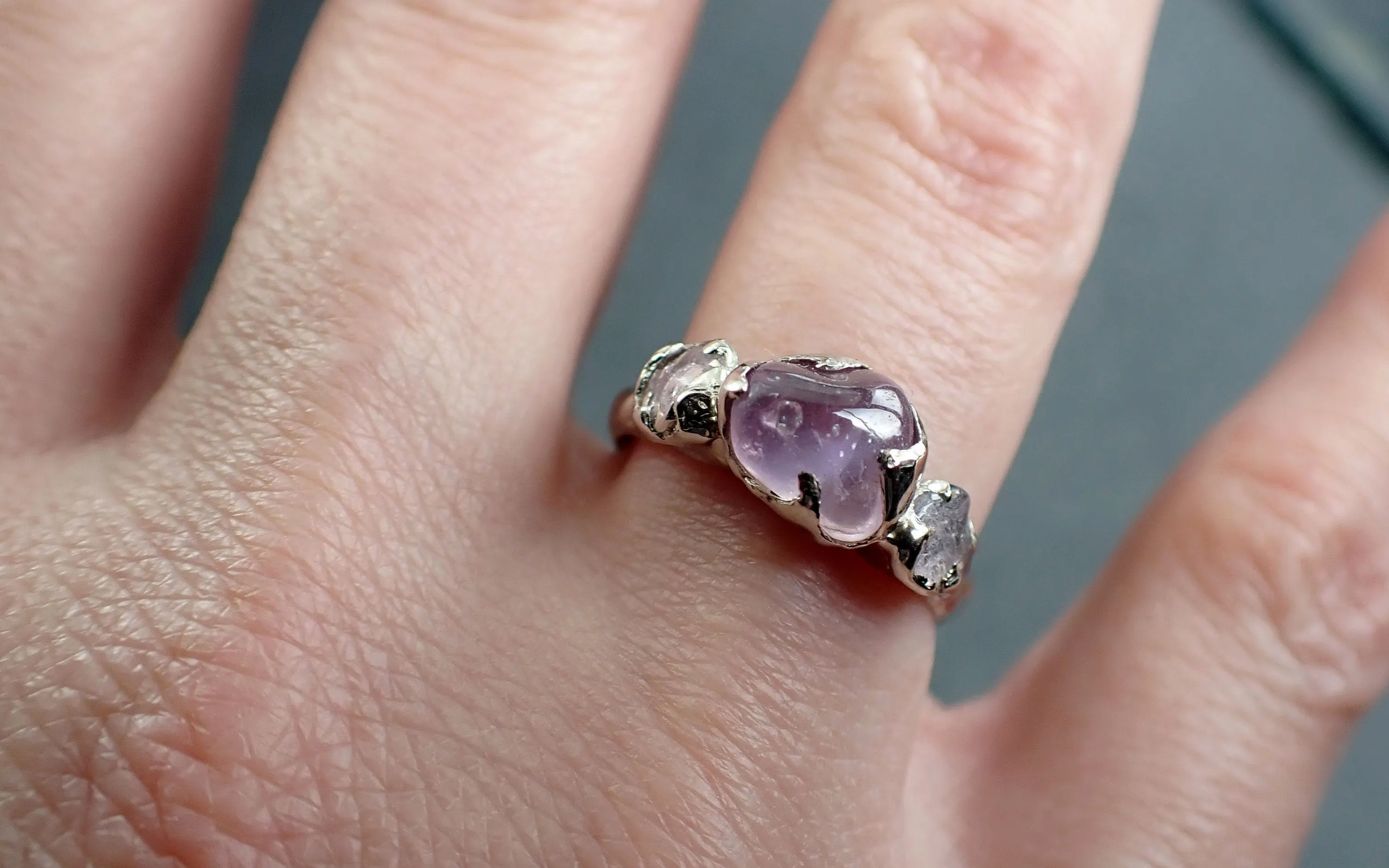 Pink Sapphire tumbled White 14k gold multi stone gemstone ring 2884