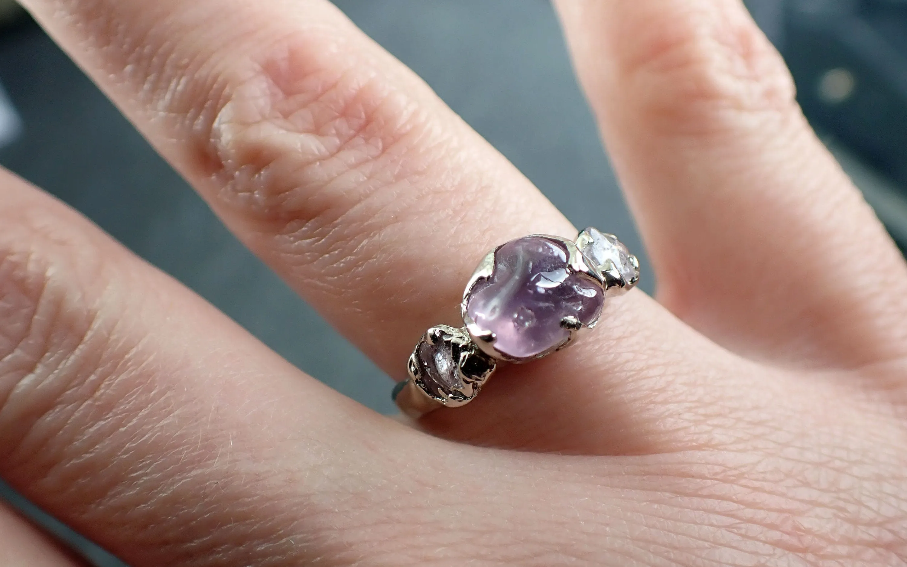 Pink Sapphire tumbled White 14k gold multi stone gemstone ring 2884