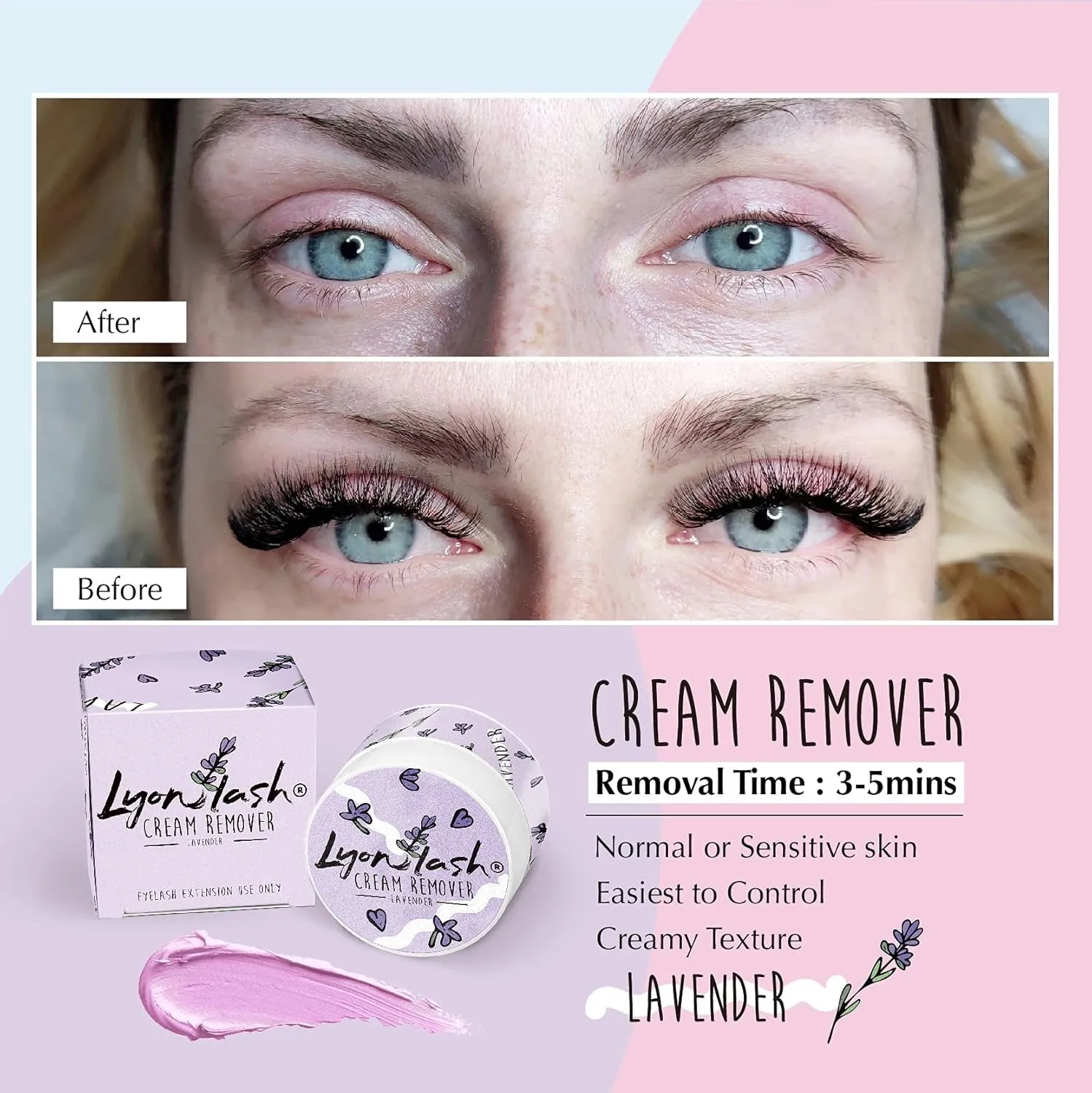 Pro Gentle Eyelash Extension Cream Remover 15G 0.51Fl. Oz | Removes Lash Extension Glue Effectively| Low Irritation for Sensitive Skin | Essential Lash Extensions Supplies (Lavender)