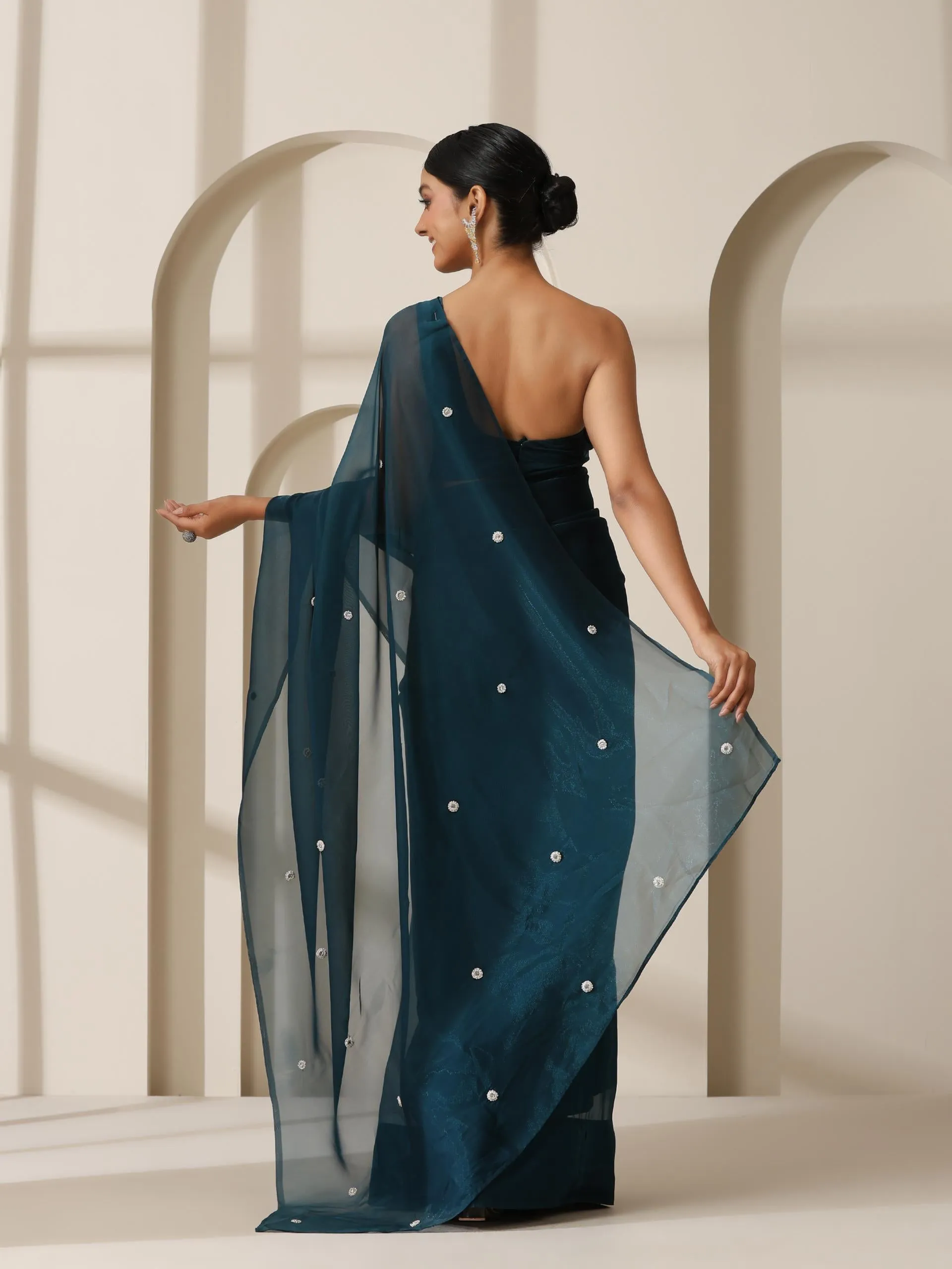 Prophecy Blue Shimmer Chiffon Saree with Beads and Self Fabric Blouse