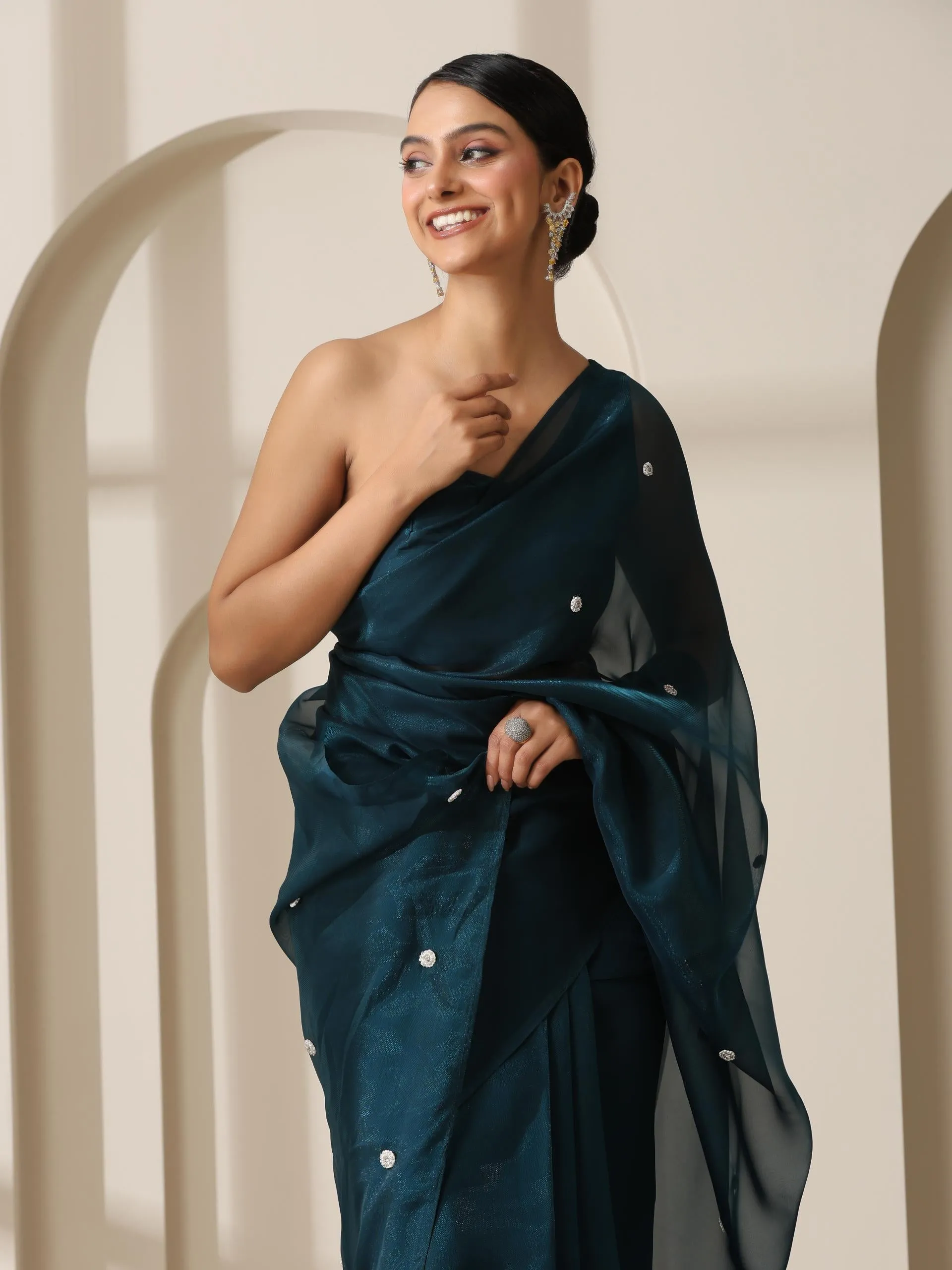 Prophecy Blue Shimmer Chiffon Saree with Beads and Self Fabric Blouse