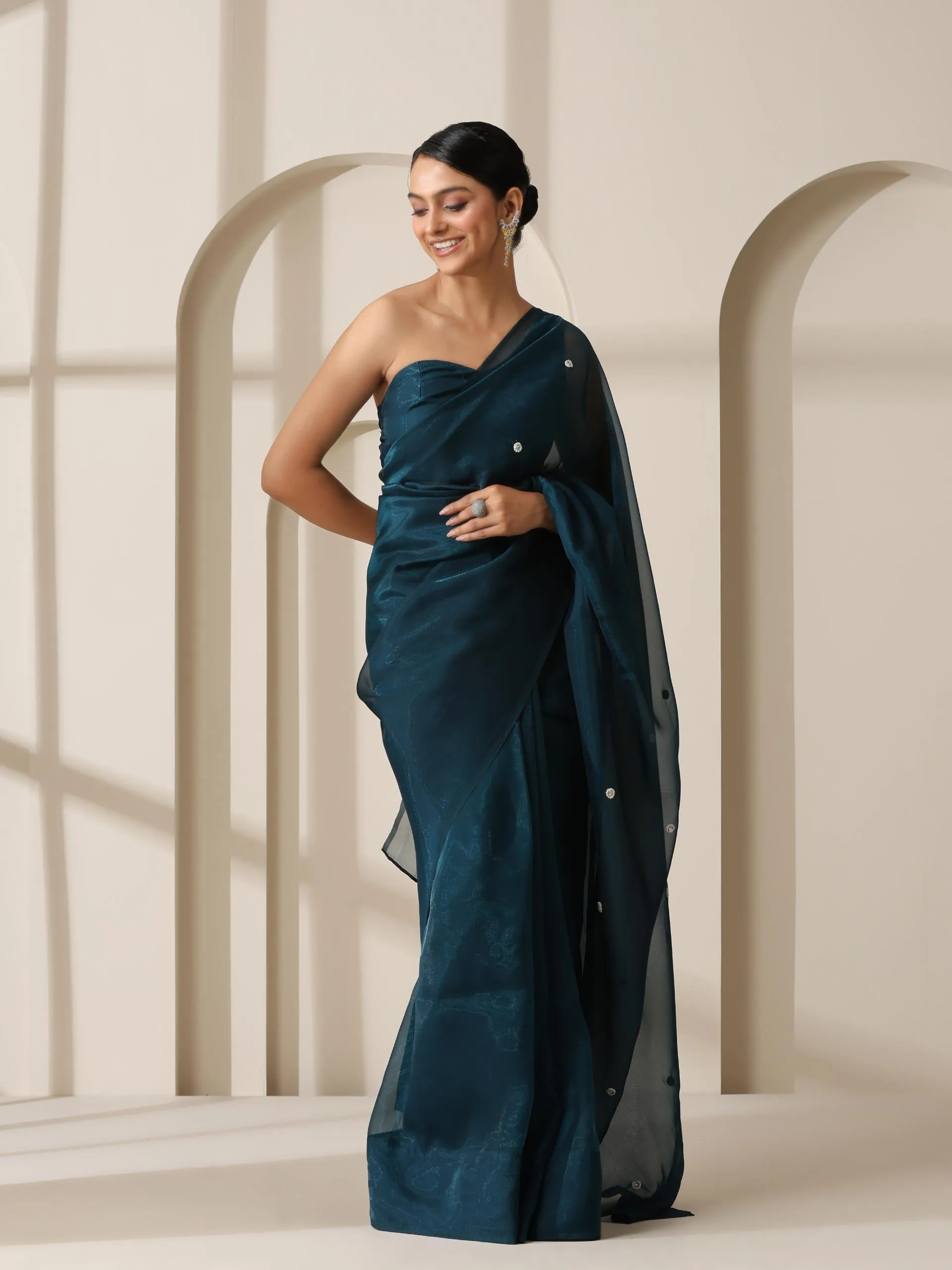 Prophecy Blue Shimmer Chiffon Saree with Beads and Self Fabric Blouse